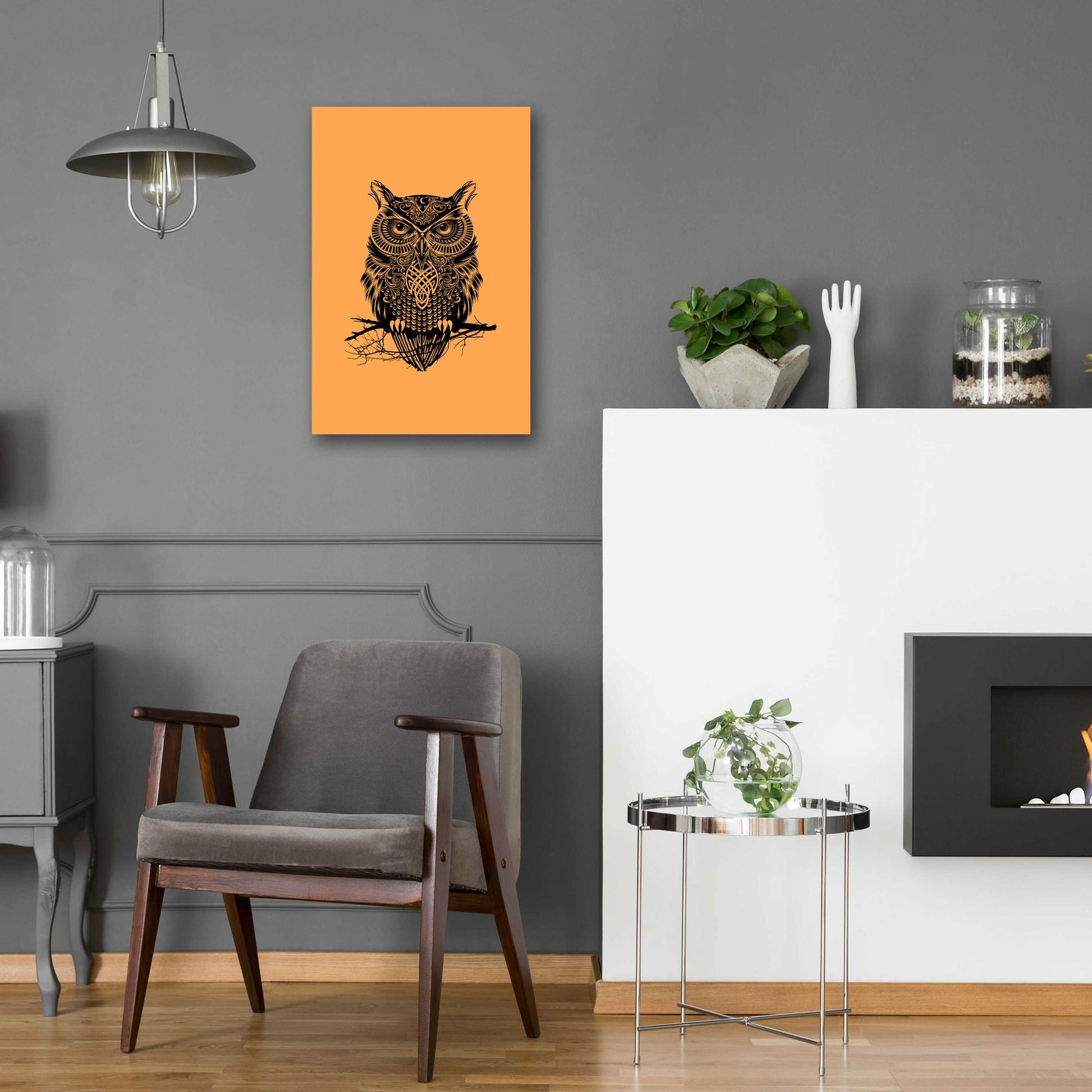 Epic Art 'Warrior Owl On Orange' by Rachel Caldwell, Acrylic Glass Wall Art,16x24