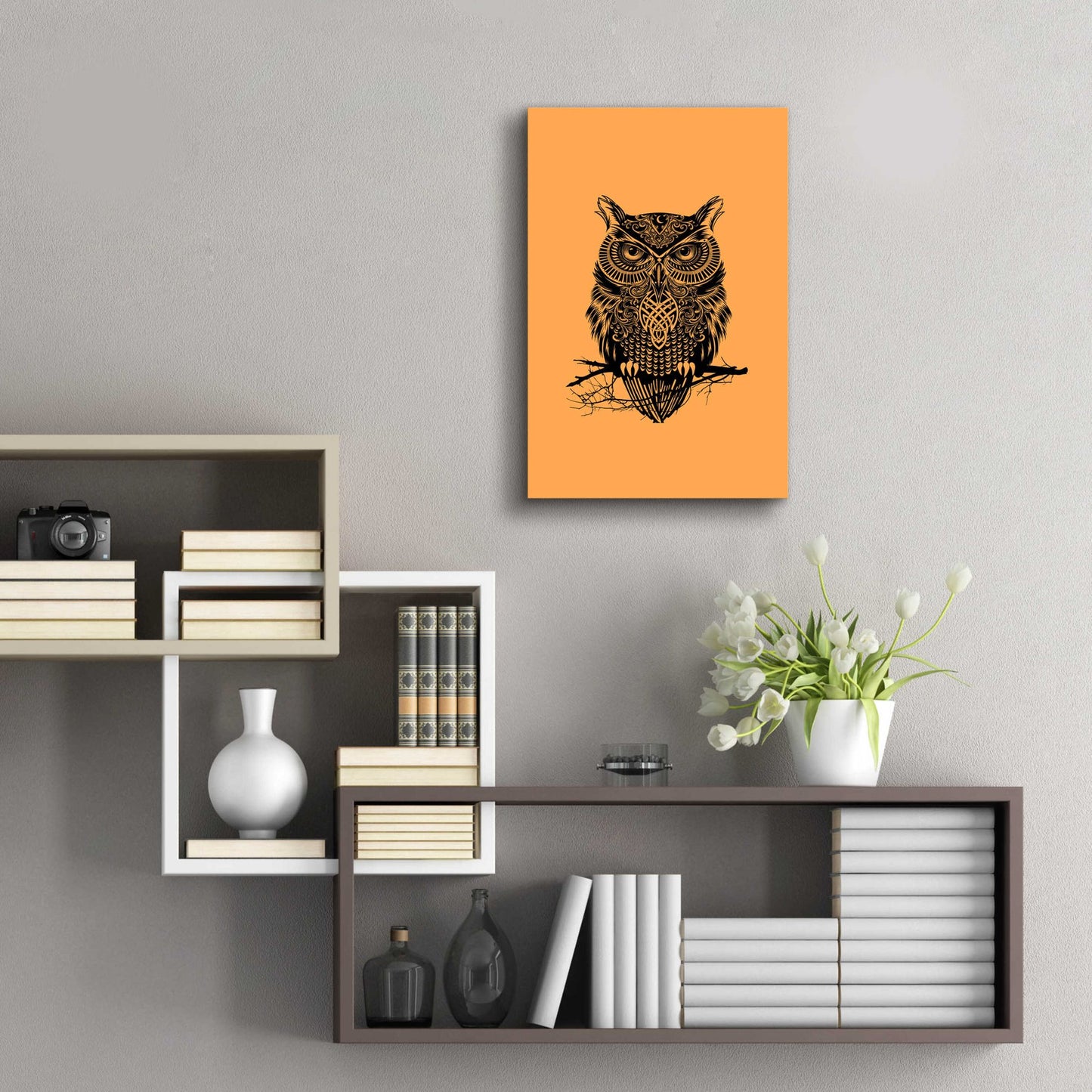 Epic Art 'Warrior Owl On Orange' by Rachel Caldwell, Acrylic Glass Wall Art,16x24