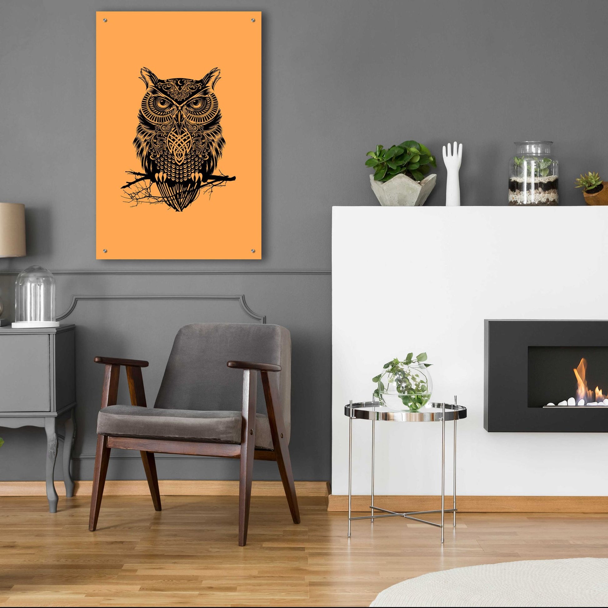 Epic Art 'Warrior Owl On Orange' by Rachel Caldwell, Acrylic Glass Wall Art,24x36