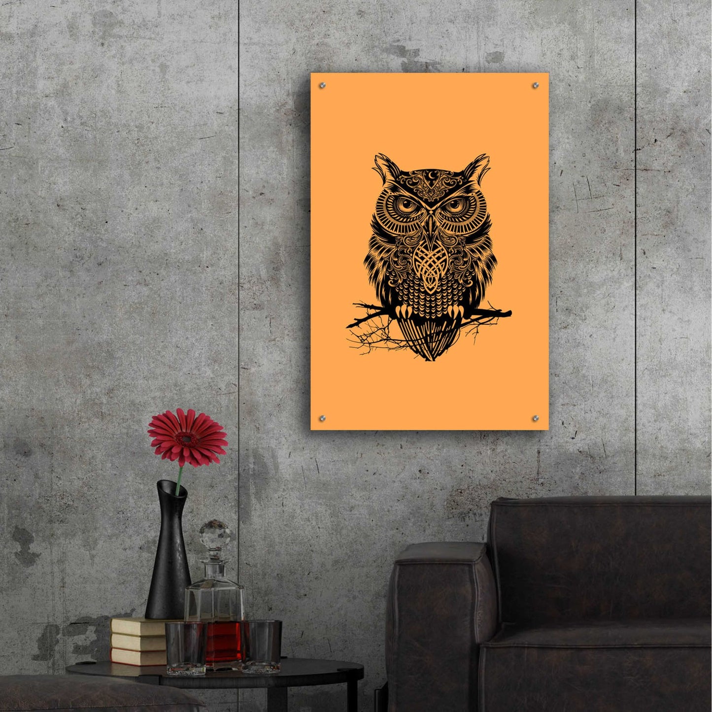 Epic Art 'Warrior Owl On Orange' by Rachel Caldwell, Acrylic Glass Wall Art,24x36