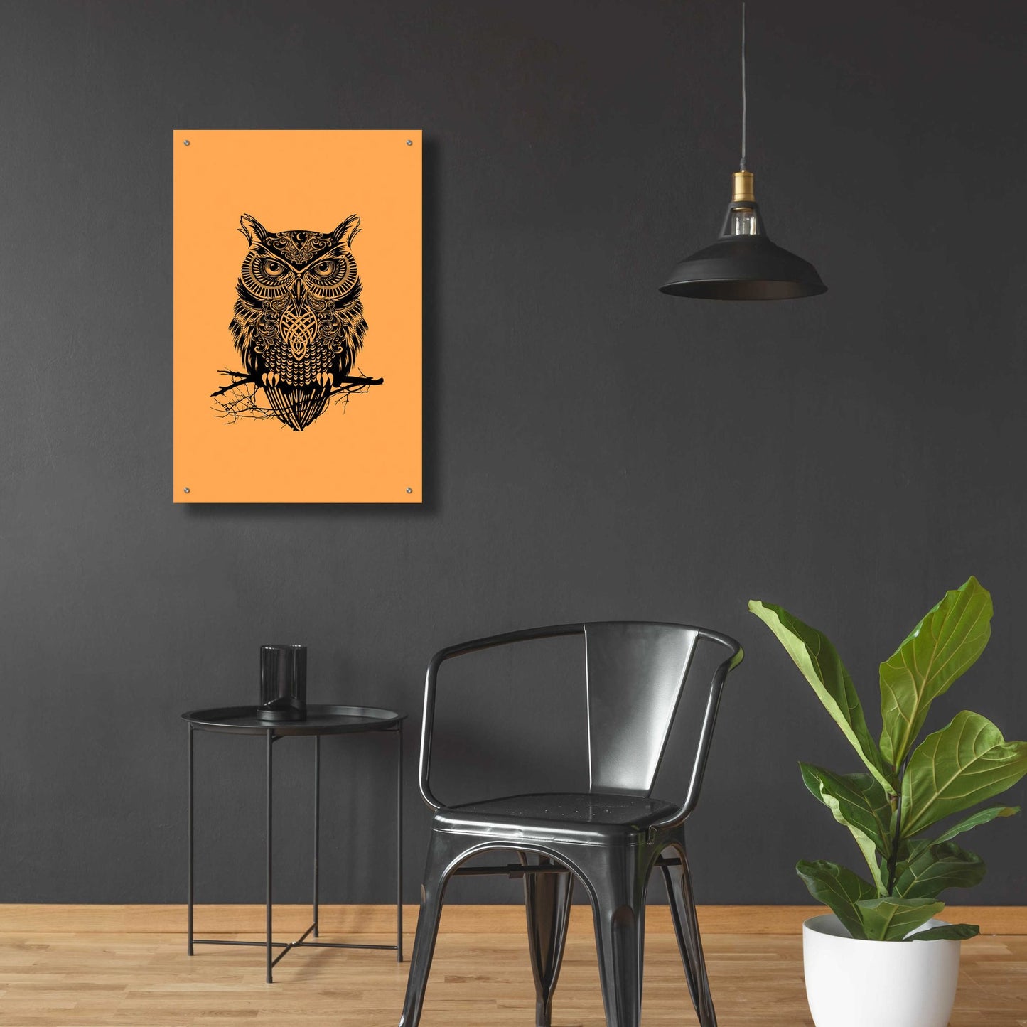 Epic Art 'Warrior Owl On Orange' by Rachel Caldwell, Acrylic Glass Wall Art,24x36