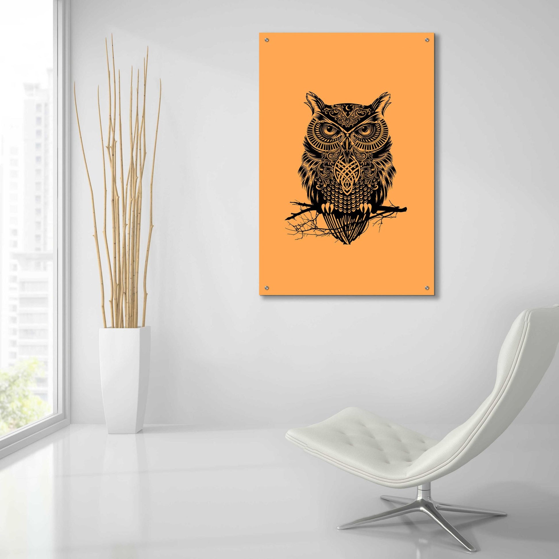 Epic Art 'Warrior Owl On Orange' by Rachel Caldwell, Acrylic Glass Wall Art,24x36