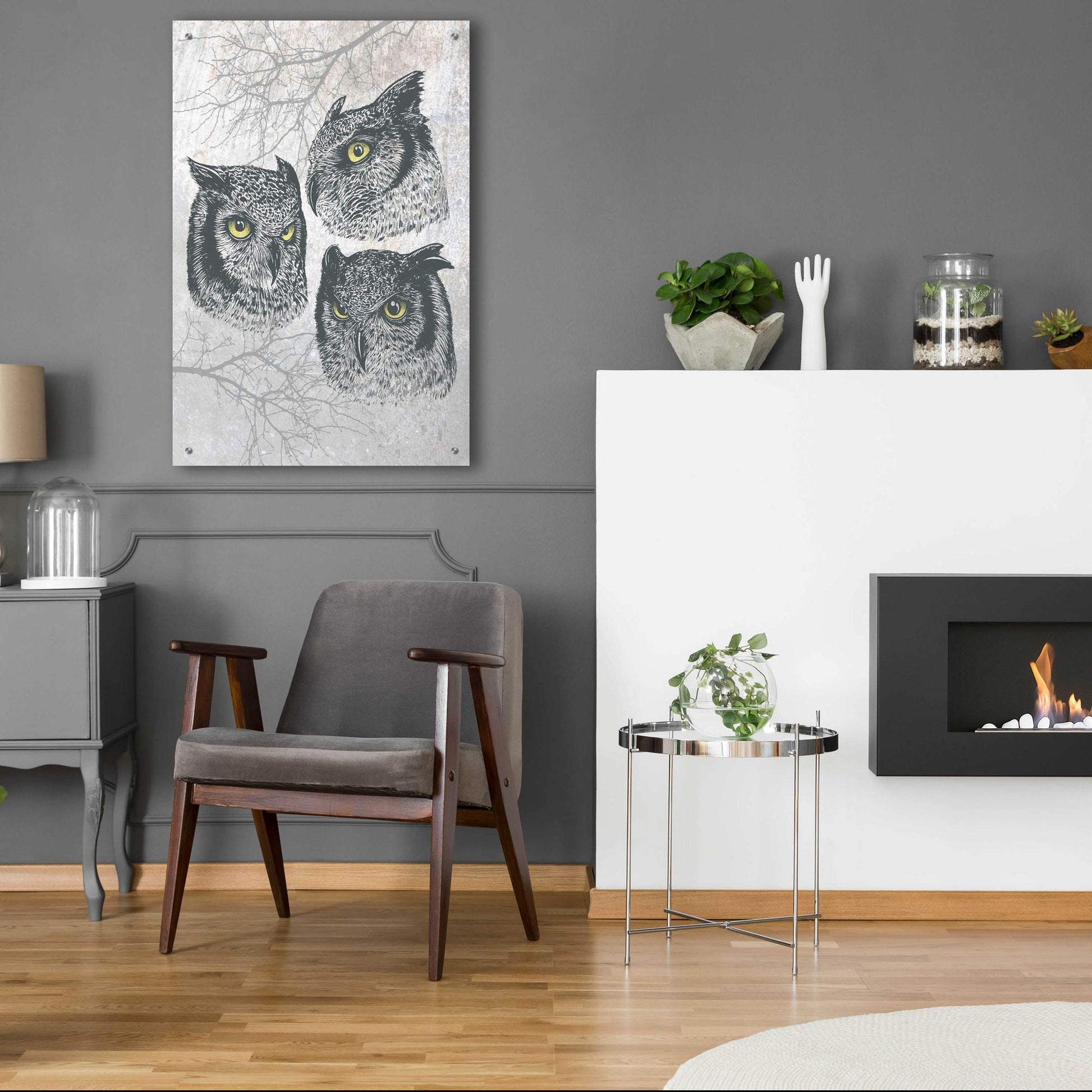 Epic Art 'Three Owls' by Rachel Caldwell, Acrylic Glass Wall Art,24x36