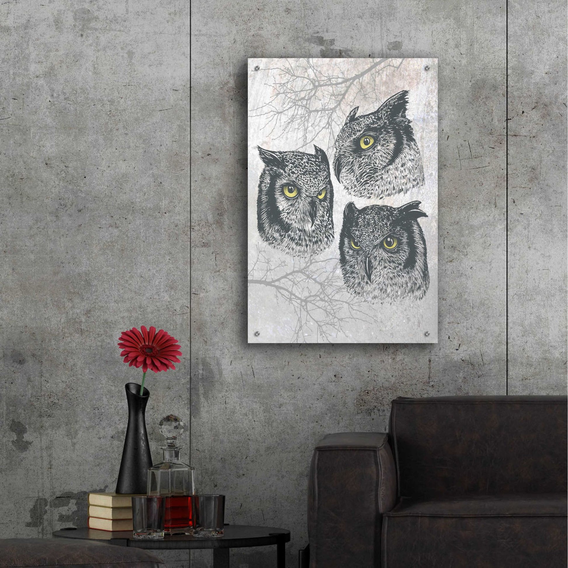 Epic Art 'Three Owls' by Rachel Caldwell, Acrylic Glass Wall Art,24x36