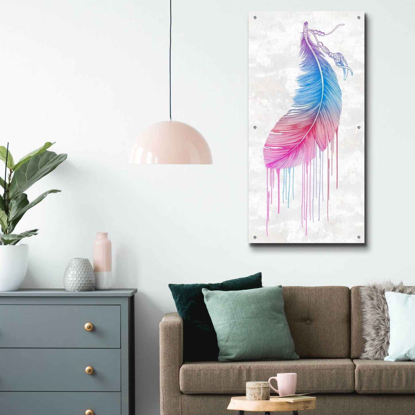 Epic Art 'Rainbow Feather' by Rachel Caldwell, Acrylic Glass Wall Art,24x48