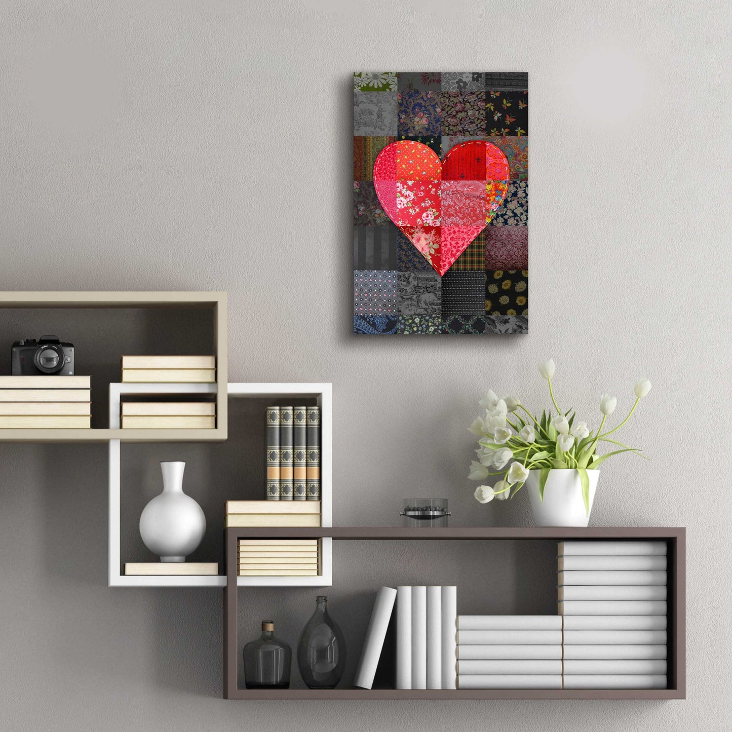 Epic Art 'Patch Heart Pink Gray' by Rachel Caldwell, Acrylic Glass Wall Art,16x24