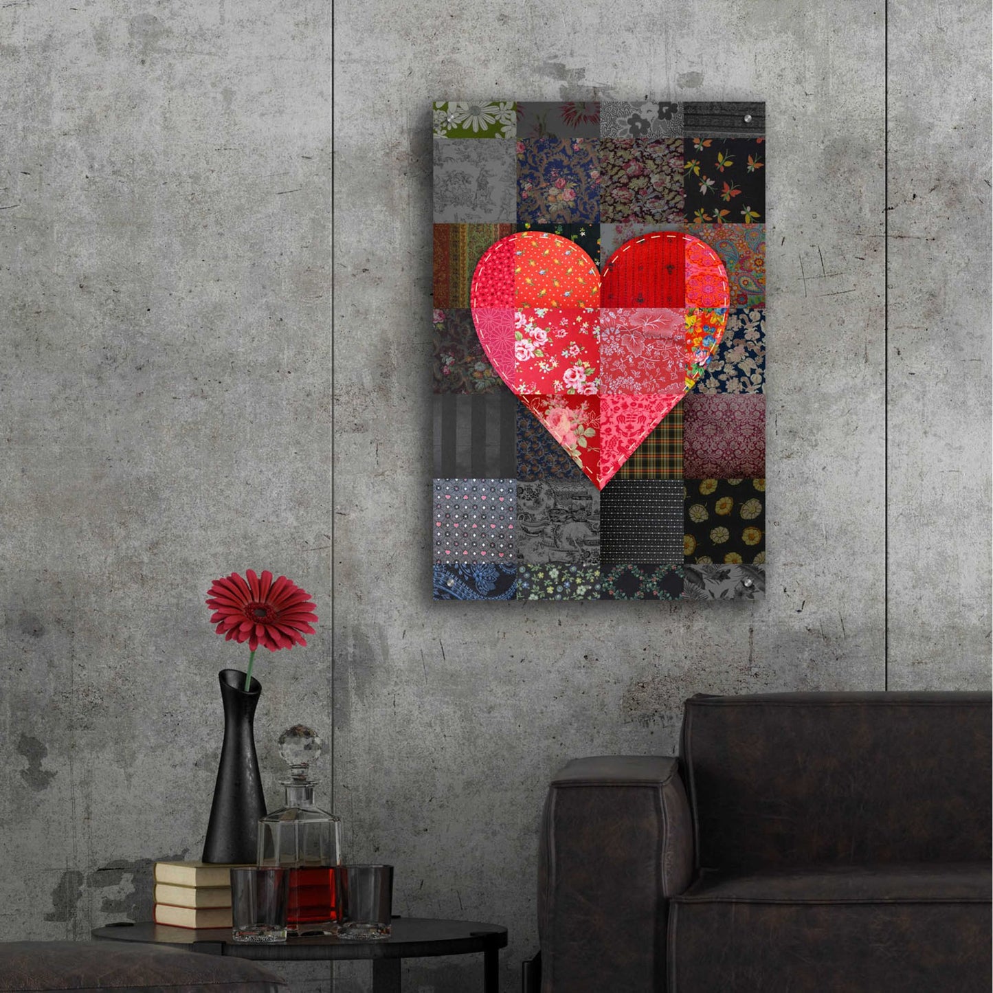 Epic Art 'Patch Heart Pink Gray' by Rachel Caldwell, Acrylic Glass Wall Art,24x36