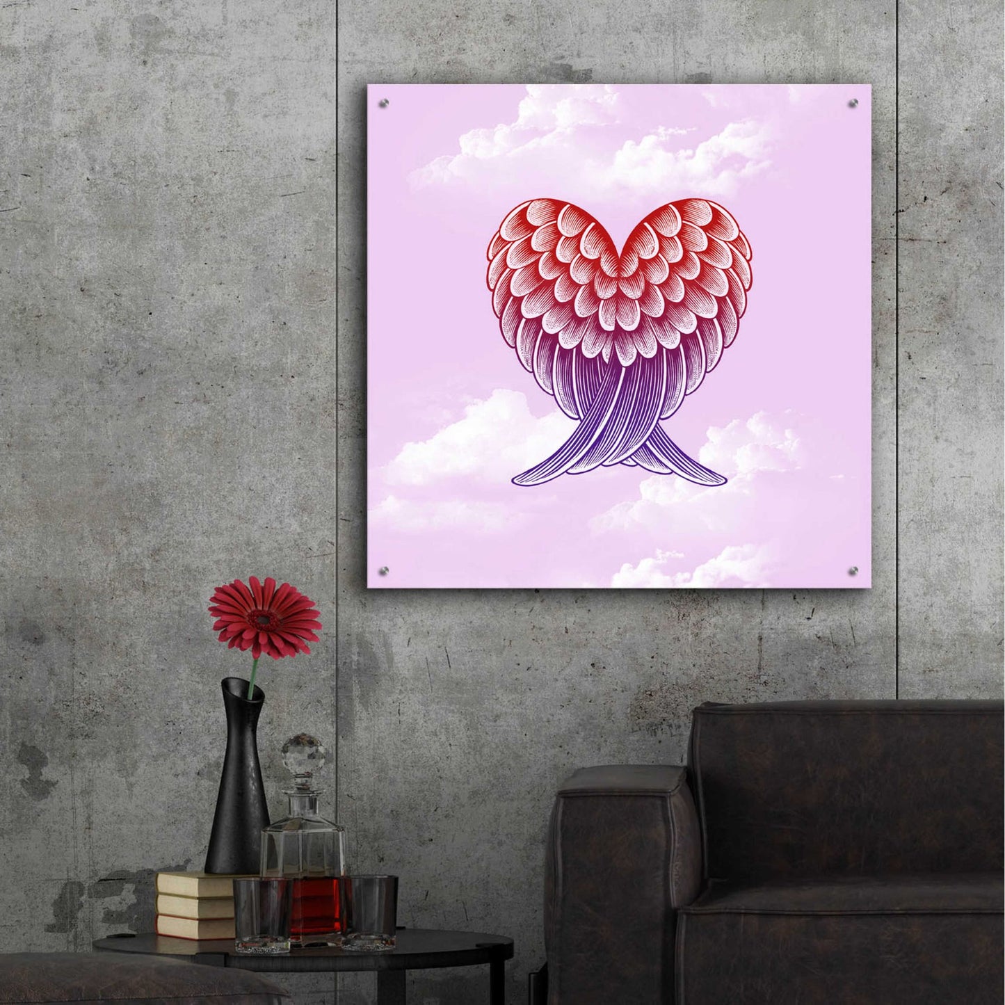 Epic Art 'Heart Wings Pink Sky' by Rachel Caldwell, Acrylic Glass Wall Art,36x36
