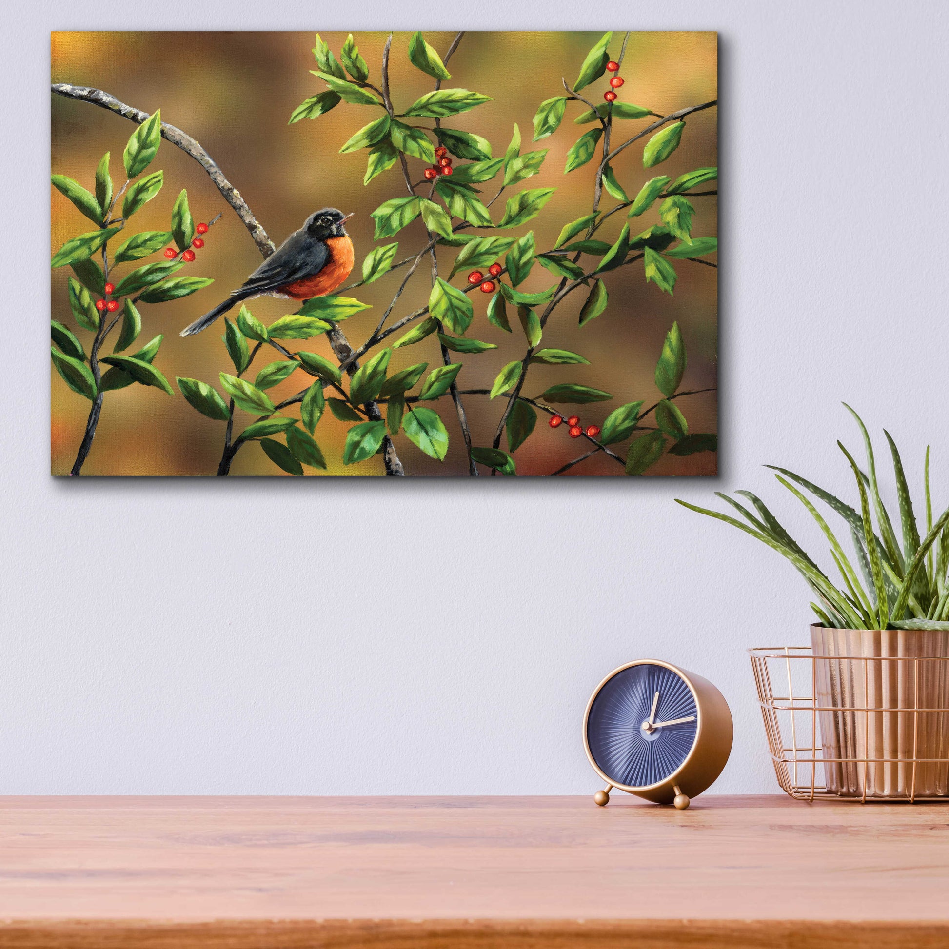 Epic Art 'Robin with Holly' by Sarah Davis, Acrylic Glass Wall Art,16x12