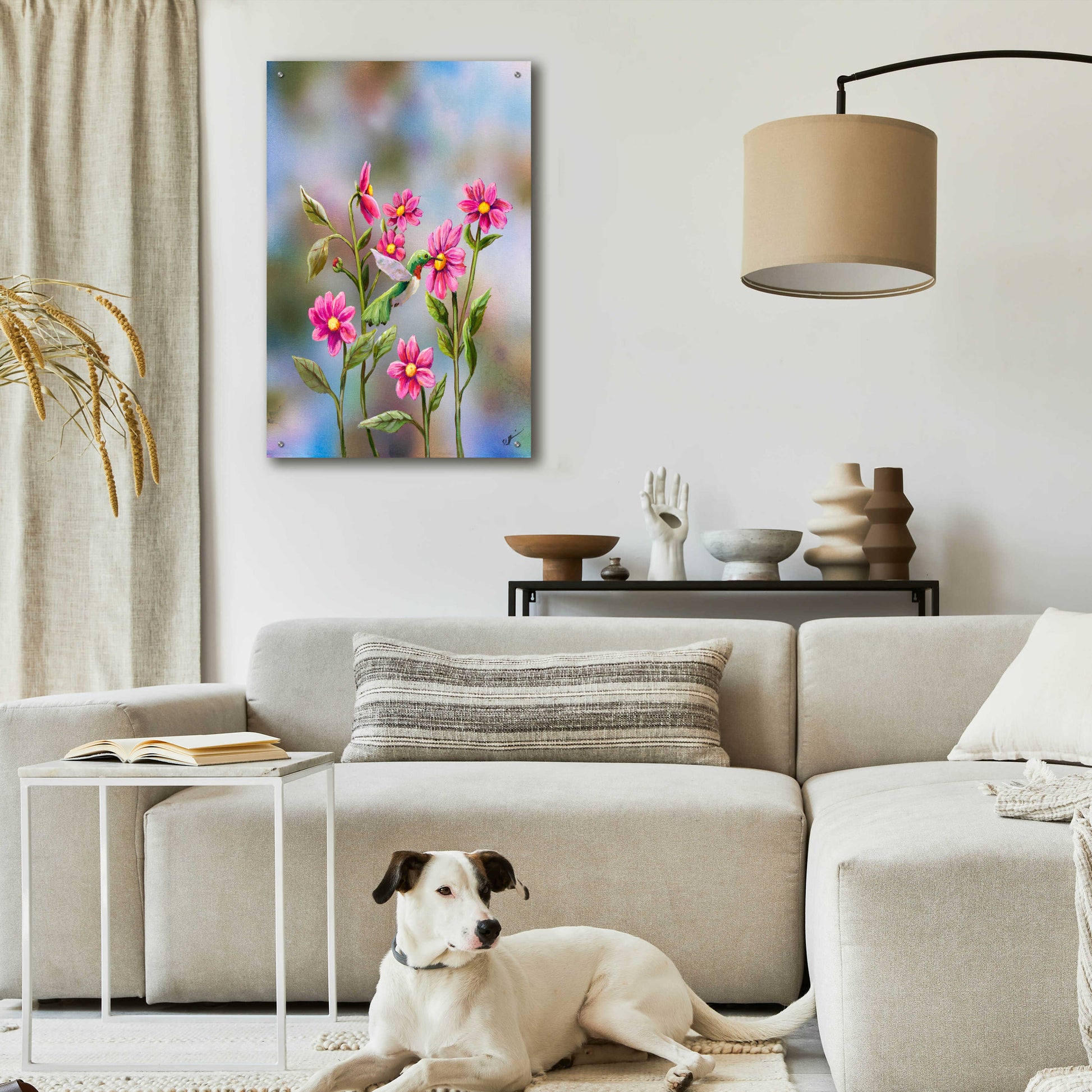 Epic Art 'Hummingbird with Dhalia' by Sarah Davis, Acrylic Glass Wall Art,24x36