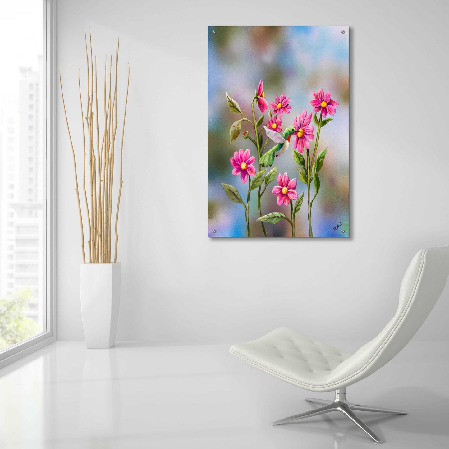 Epic Art 'Hummingbird with Dhalia' by Sarah Davis, Acrylic Glass Wall Art,24x36