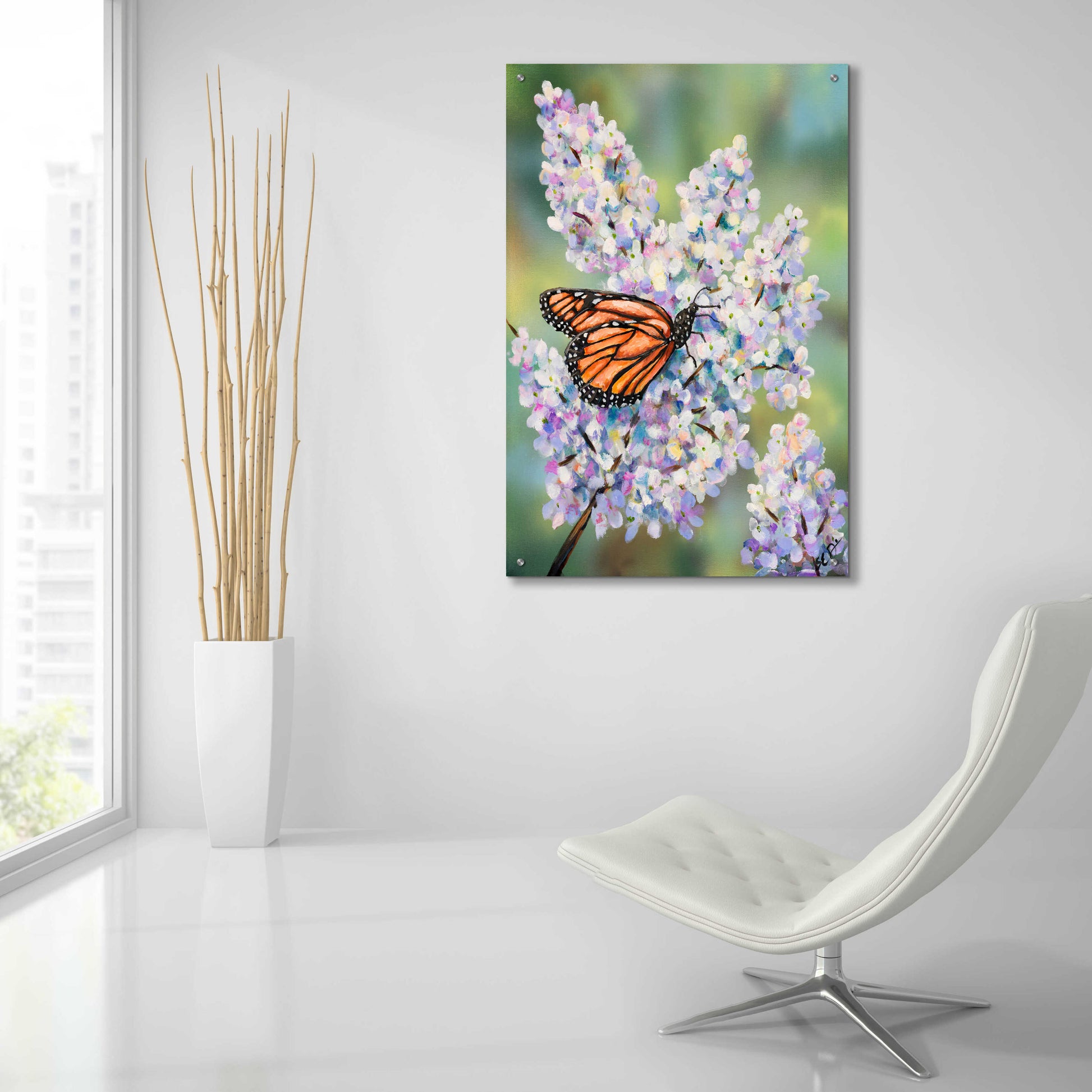 Epic Art 'Butterfly with Hydrangea' by Sarah Davis, Acrylic Glass Wall Art,24x36