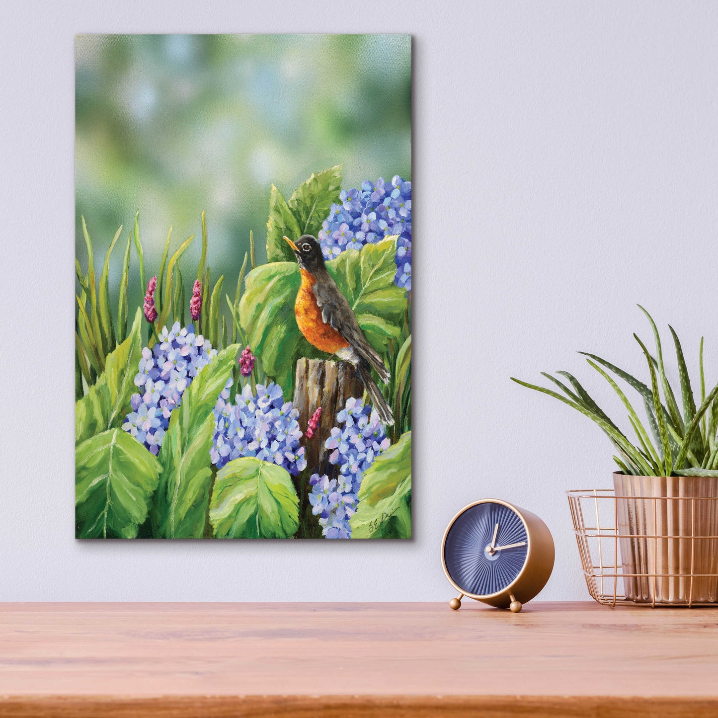 Epic Art 'Robin With Hydrangeas' by Sarah Davis, Acrylic Glass Wall Art,12x16