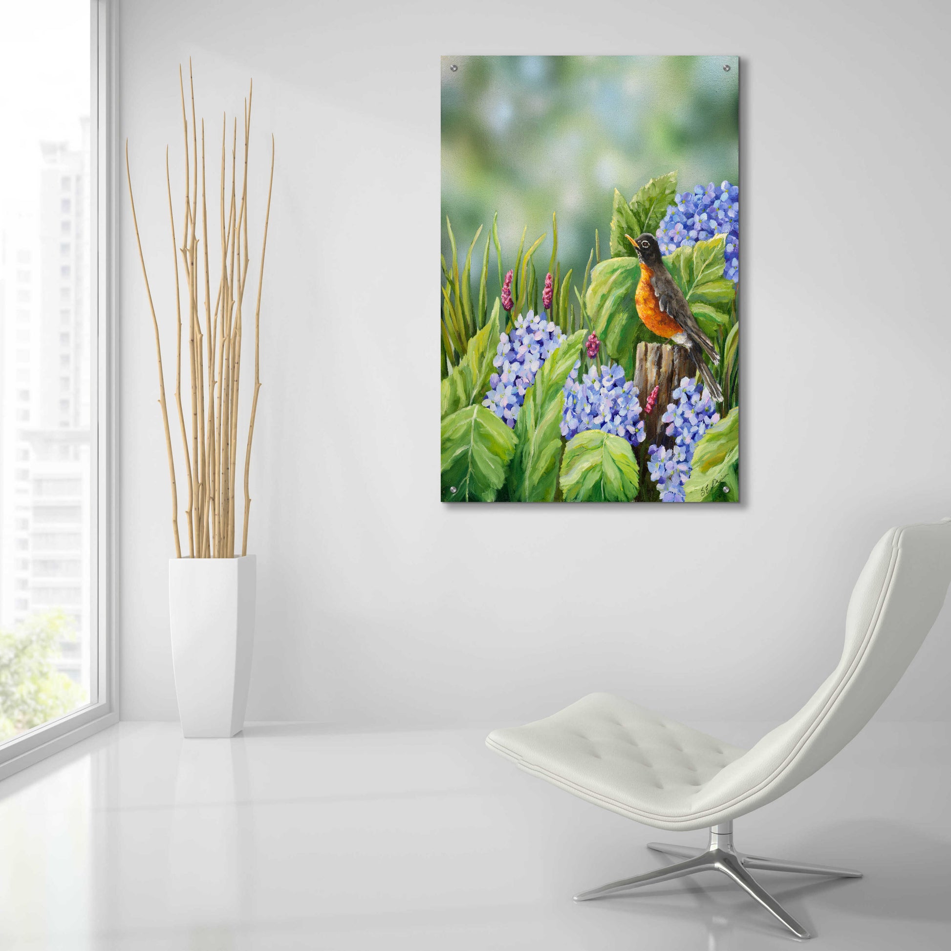 Epic Art 'Robin With Hydrangeas' by Sarah Davis, Acrylic Glass Wall Art,24x36