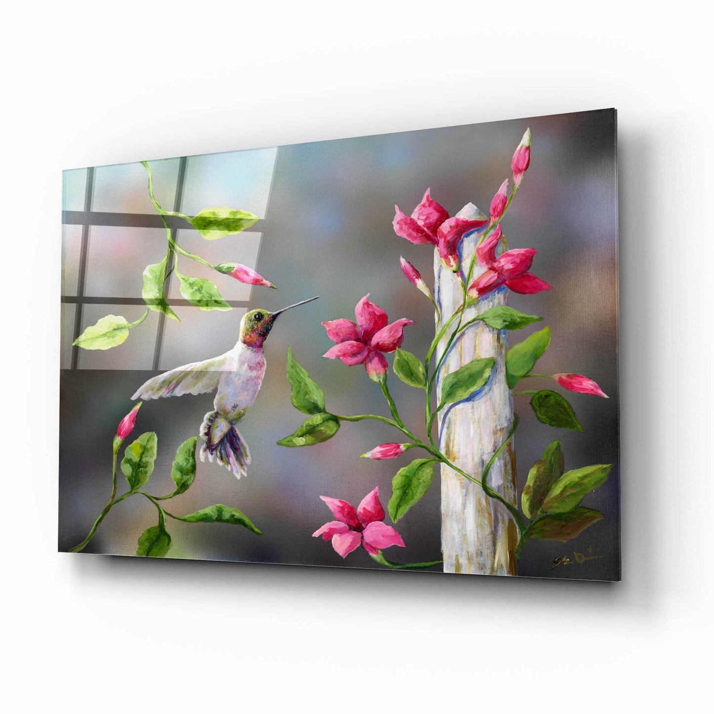 Epic Art 'Hummingbird with Flowers' by Sarah Davis, Acrylic Glass Wall Art,16x12