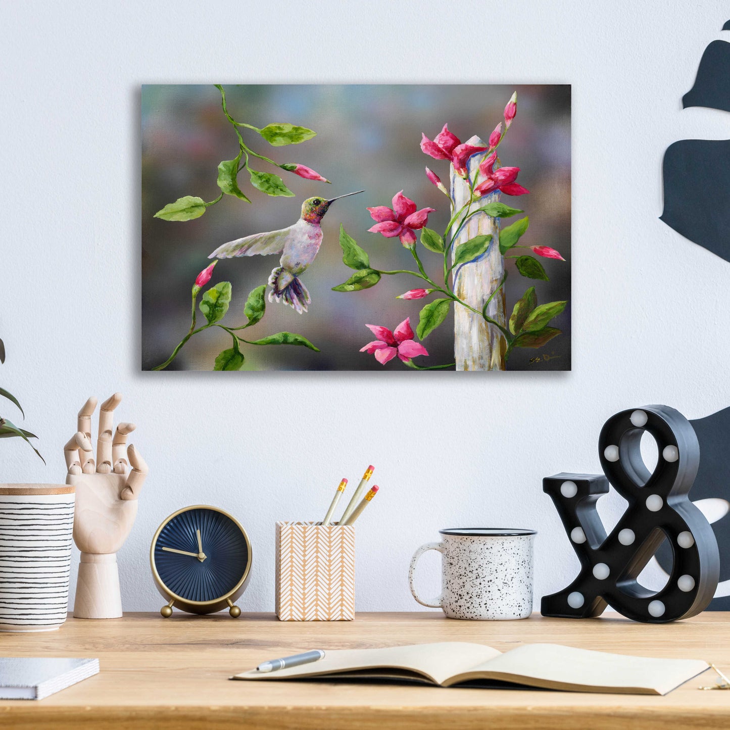 Epic Art 'Hummingbird with Flowers' by Sarah Davis, Acrylic Glass Wall Art,16x12