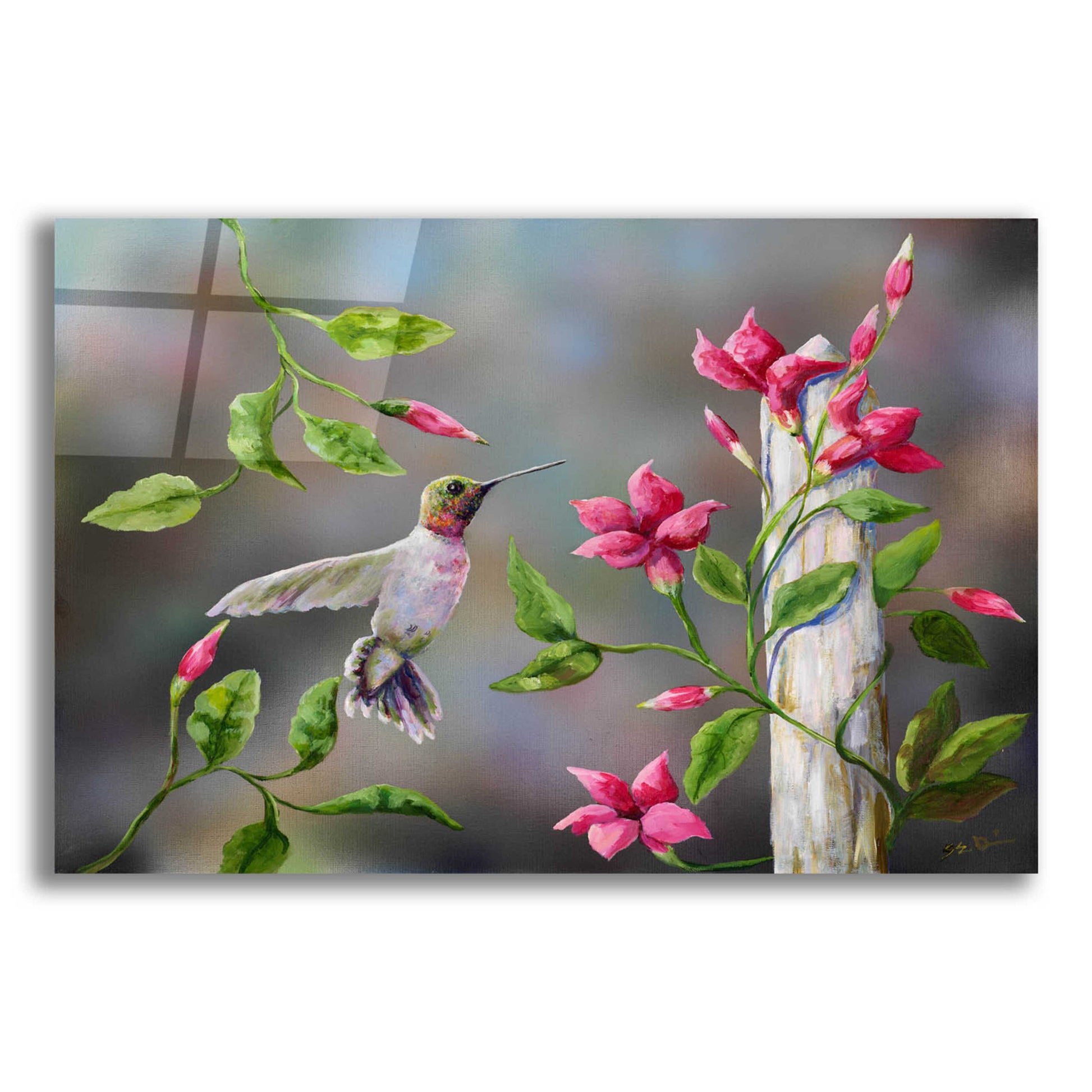 Epic Art 'Hummingbird with Flowers' by Sarah Davis, Acrylic Glass Wall Art,16x12