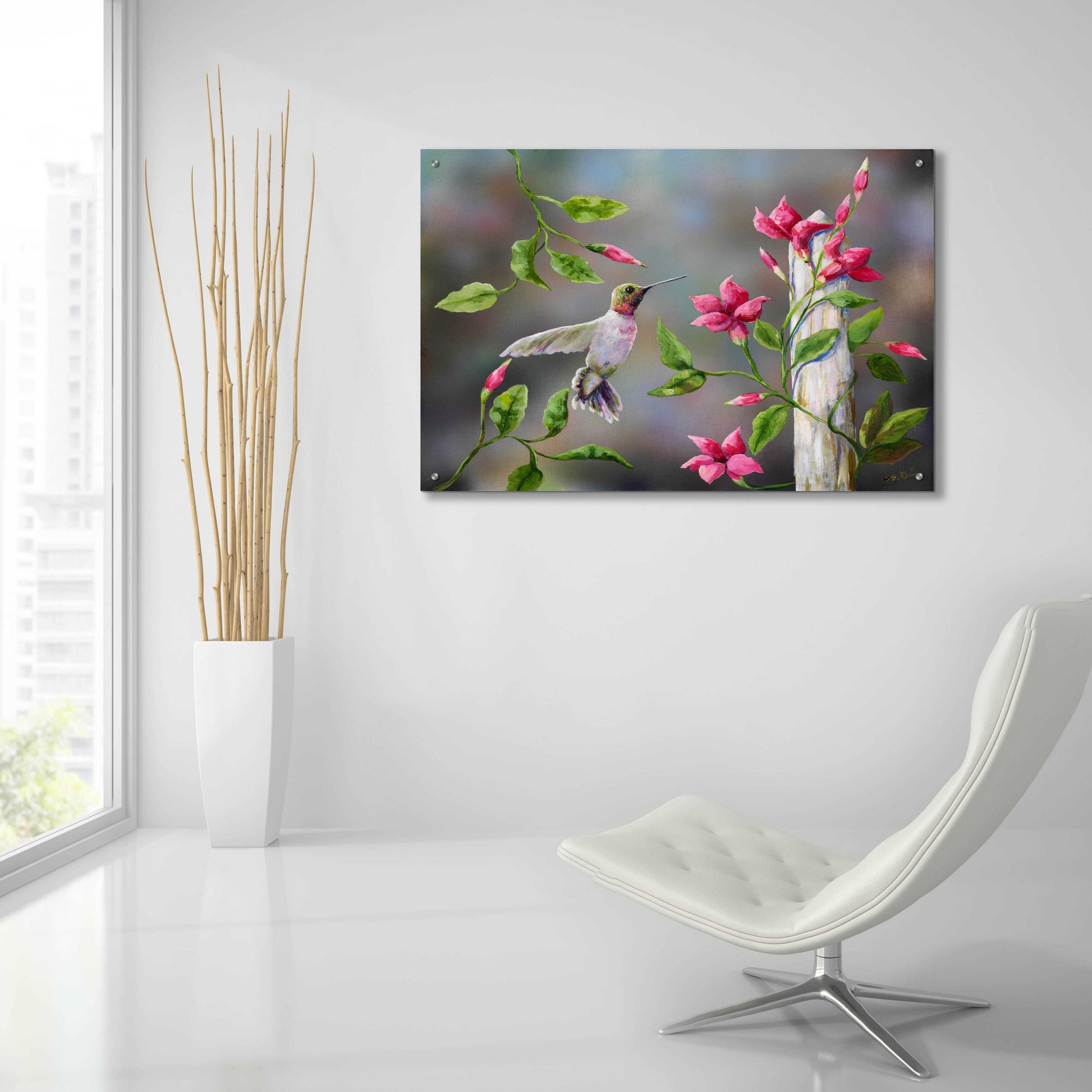 Epic Art 'Hummingbird with Flowers' by Sarah Davis, Acrylic Glass Wall Art,36x24