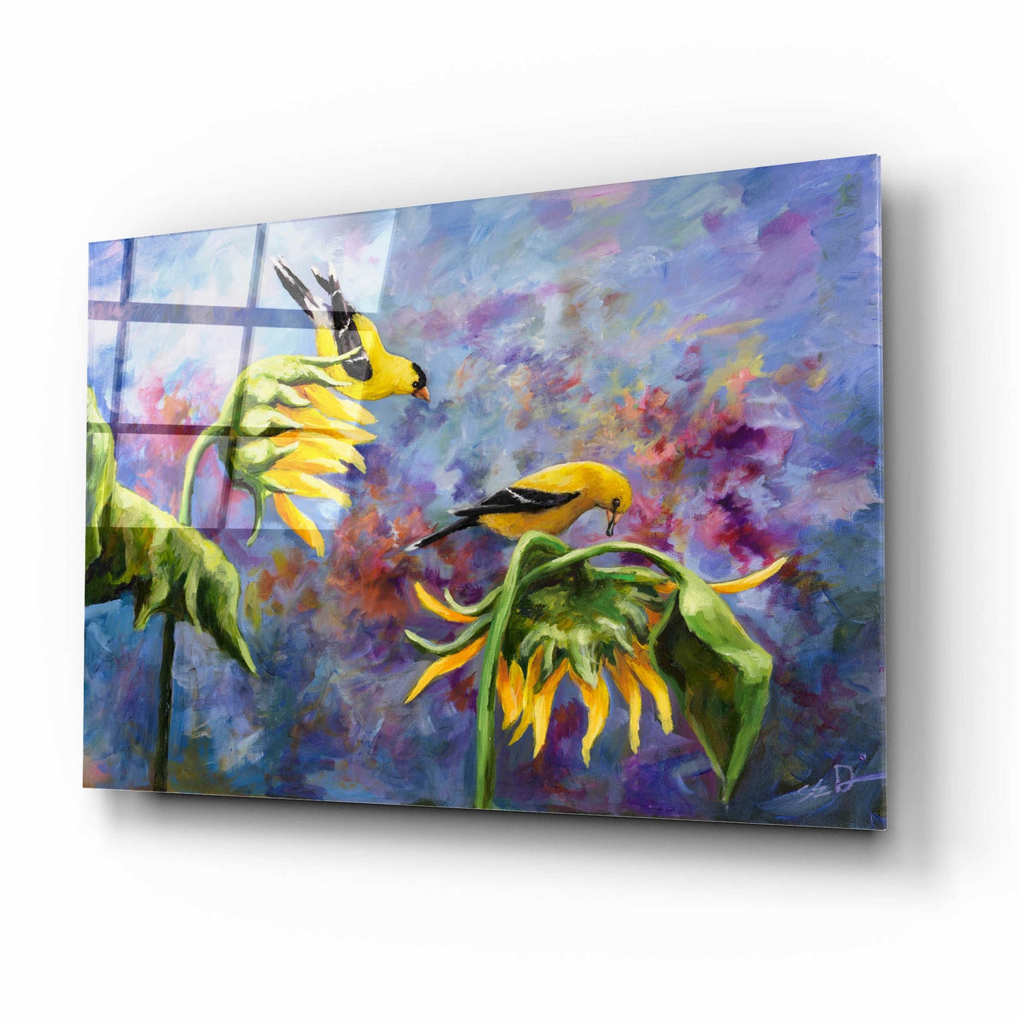 Epic Art 'Finches with Sunflowers' by Sarah Davis, Acrylic Glass Wall Art,16x12