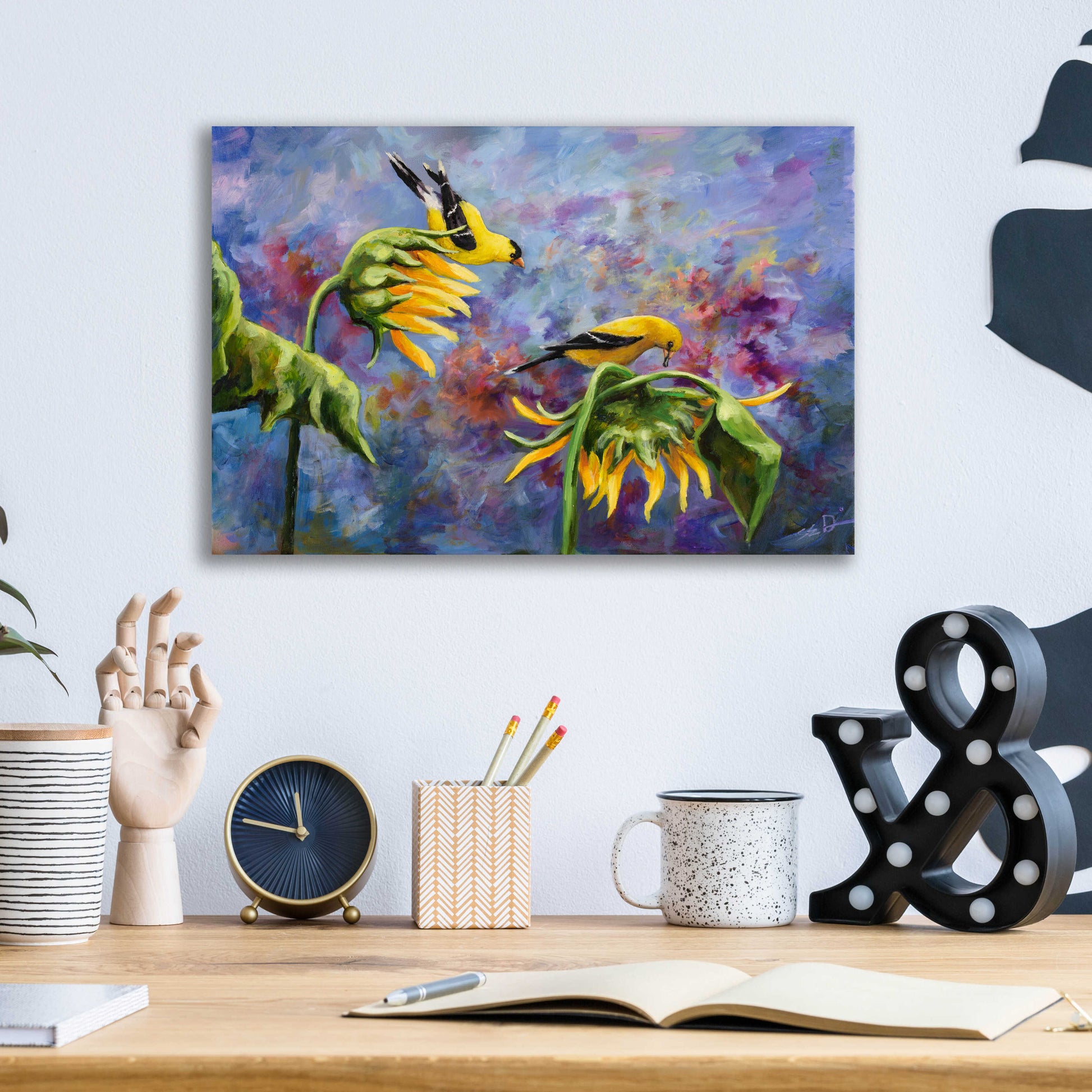 Epic Art 'Finches with Sunflowers' by Sarah Davis, Acrylic Glass Wall Art,16x12