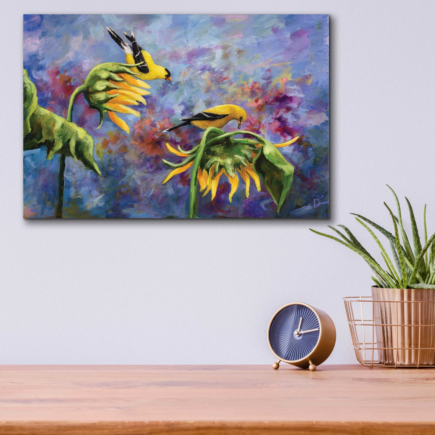 Epic Art 'Finches with Sunflowers' by Sarah Davis, Acrylic Glass Wall Art,16x12