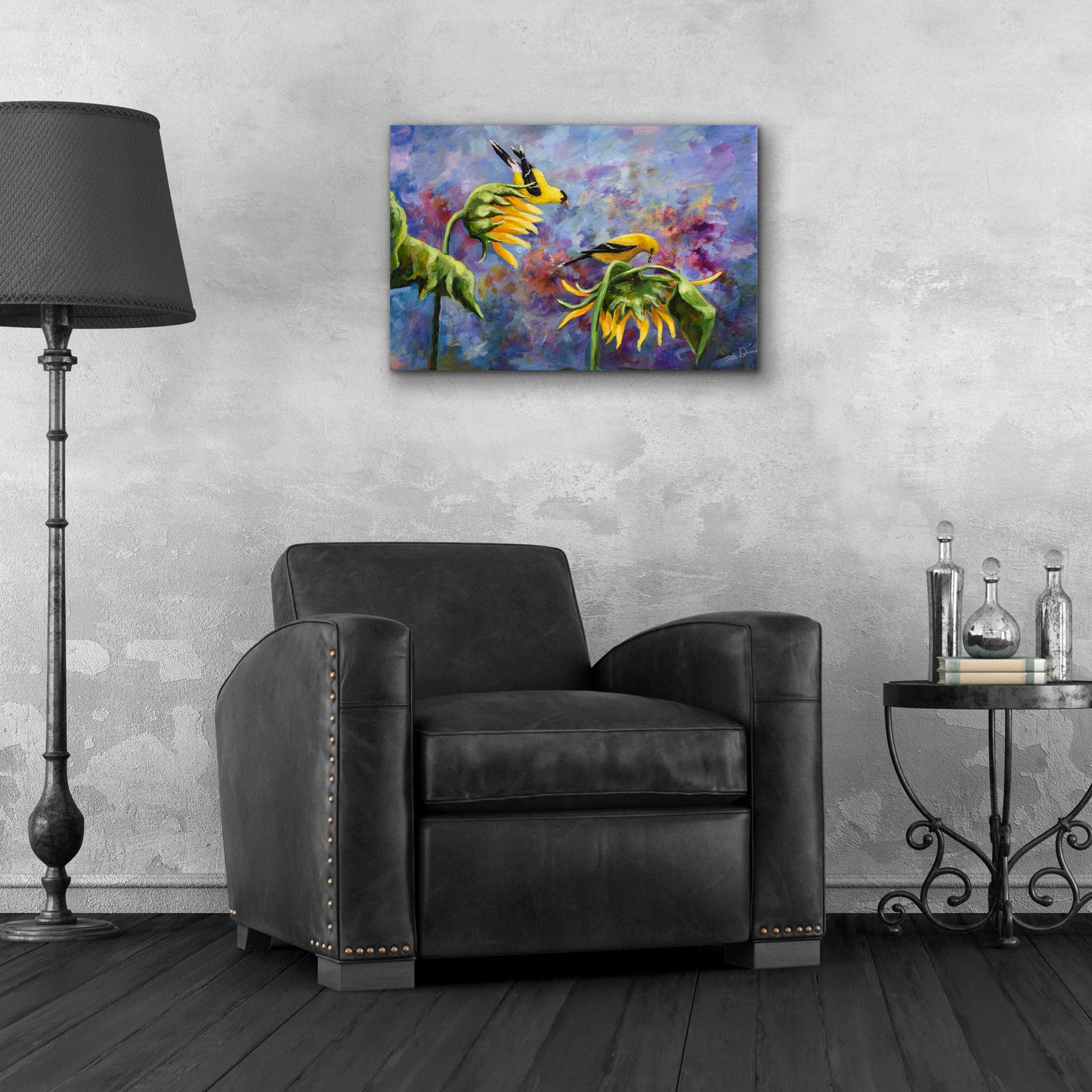 Epic Art 'Finches with Sunflowers' by Sarah Davis, Acrylic Glass Wall Art,24x16