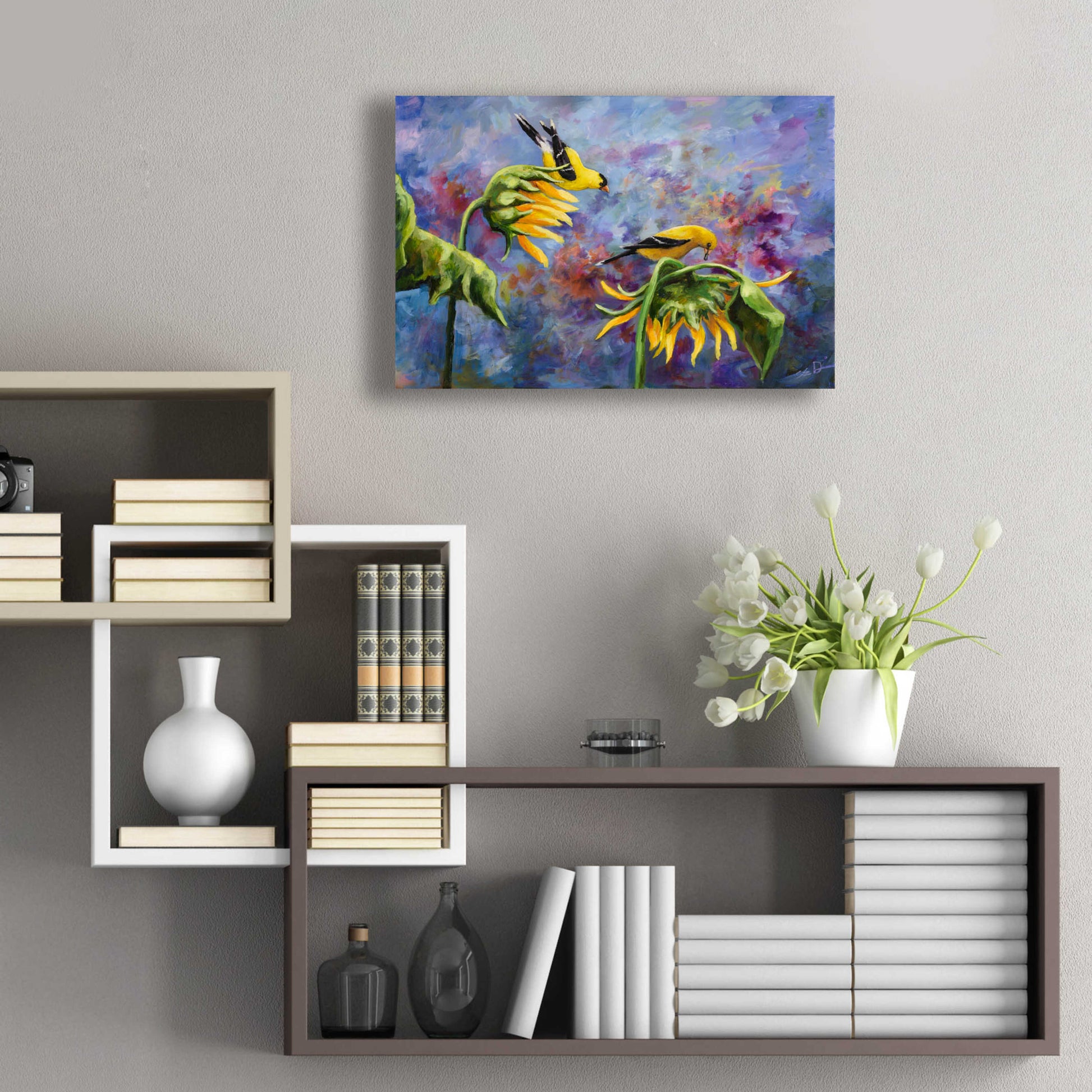 Epic Art 'Finches with Sunflowers' by Sarah Davis, Acrylic Glass Wall Art,24x16