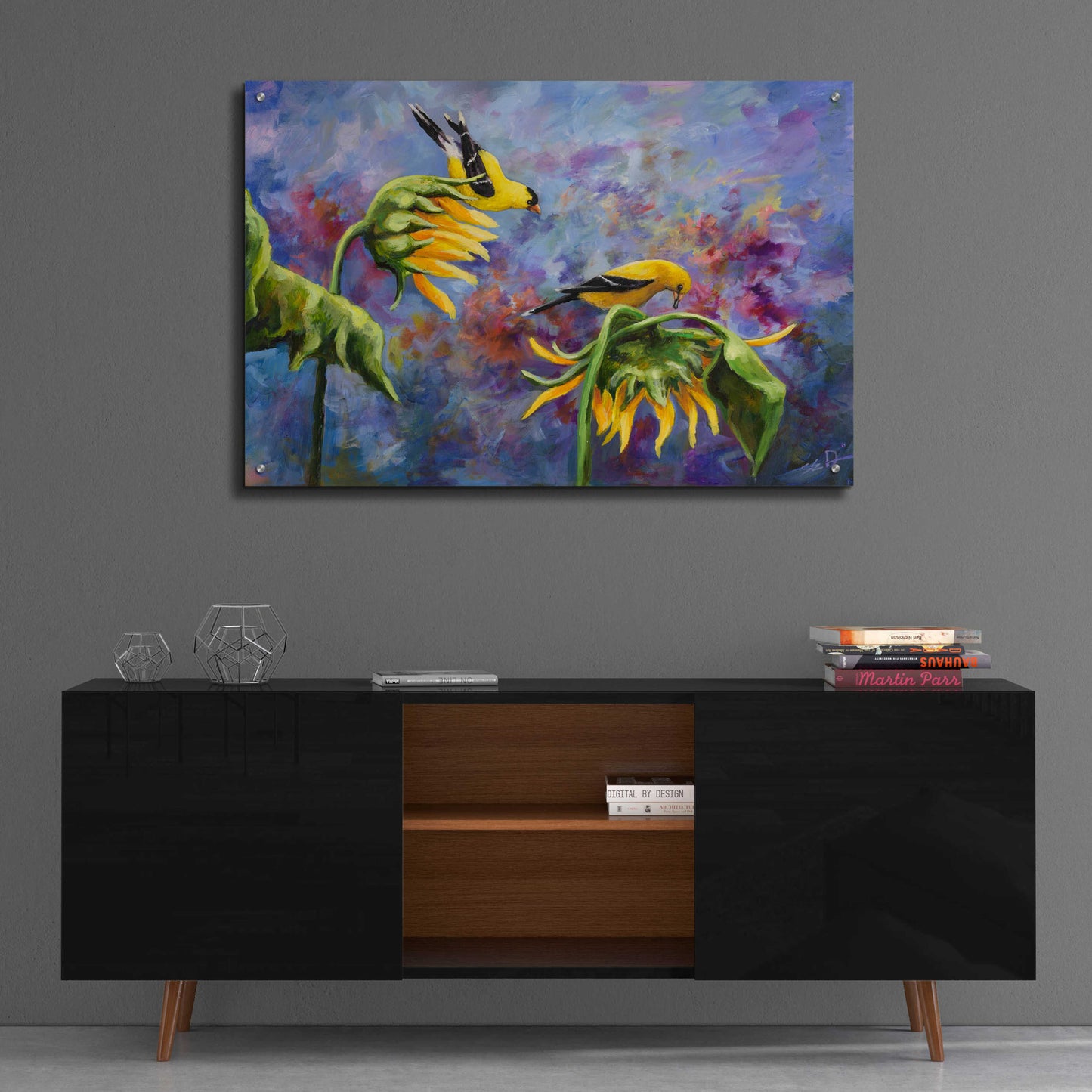 Epic Art 'Finches with Sunflowers' by Sarah Davis, Acrylic Glass Wall Art,36x24