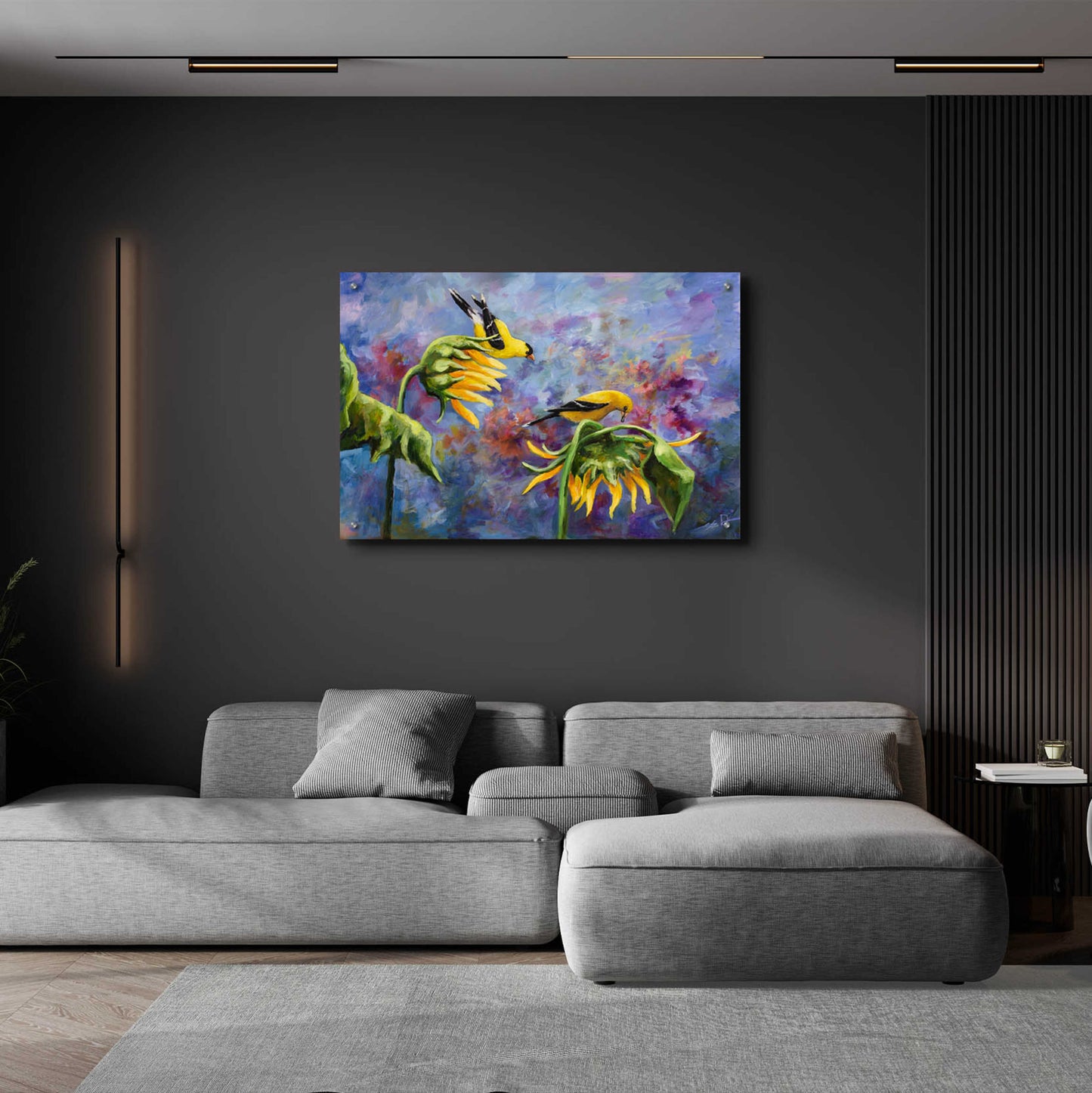 Epic Art 'Finches with Sunflowers' by Sarah Davis, Acrylic Glass Wall Art,36x24