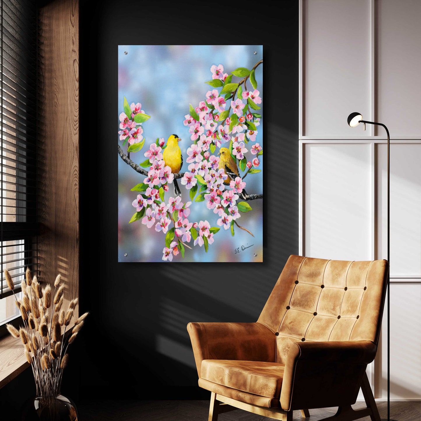 Epic Art 'Finches In Cherry Tree' by Sarah Davis, Acrylic Glass Wall Art,24x36