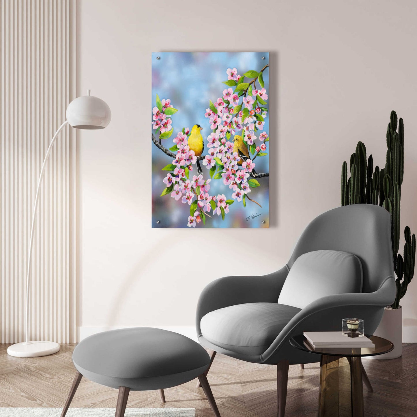 Epic Art 'Finches In Cherry Tree' by Sarah Davis, Acrylic Glass Wall Art,24x36