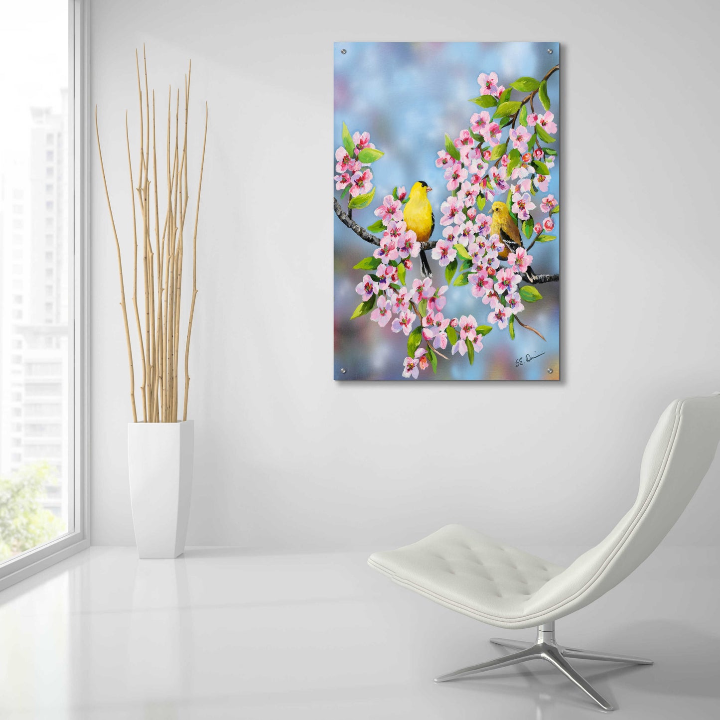 Epic Art 'Finches In Cherry Tree' by Sarah Davis, Acrylic Glass Wall Art,24x36