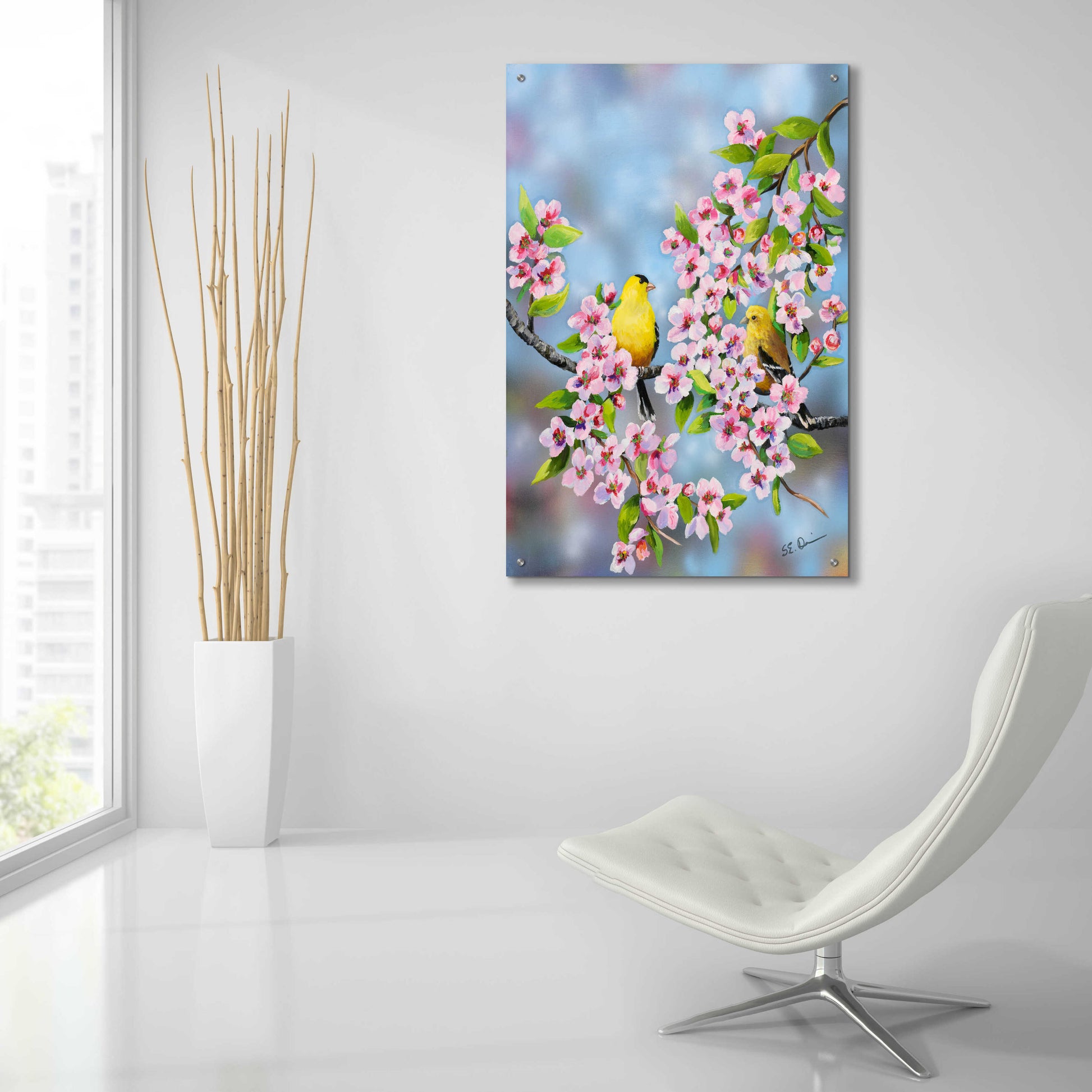 Epic Art 'Finches In Cherry Tree' by Sarah Davis, Acrylic Glass Wall Art,24x36