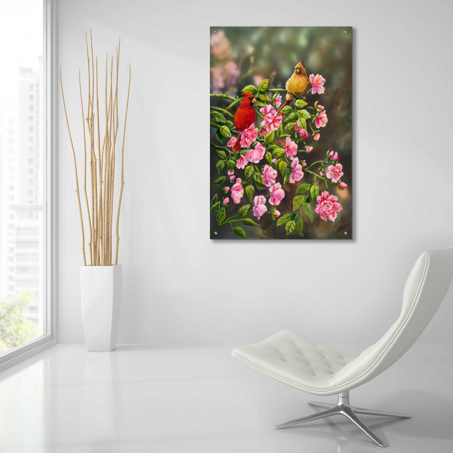 Epic Art 'Cardinals with Roses' by Sarah Davis, Acrylic Glass Wall Art,24x36