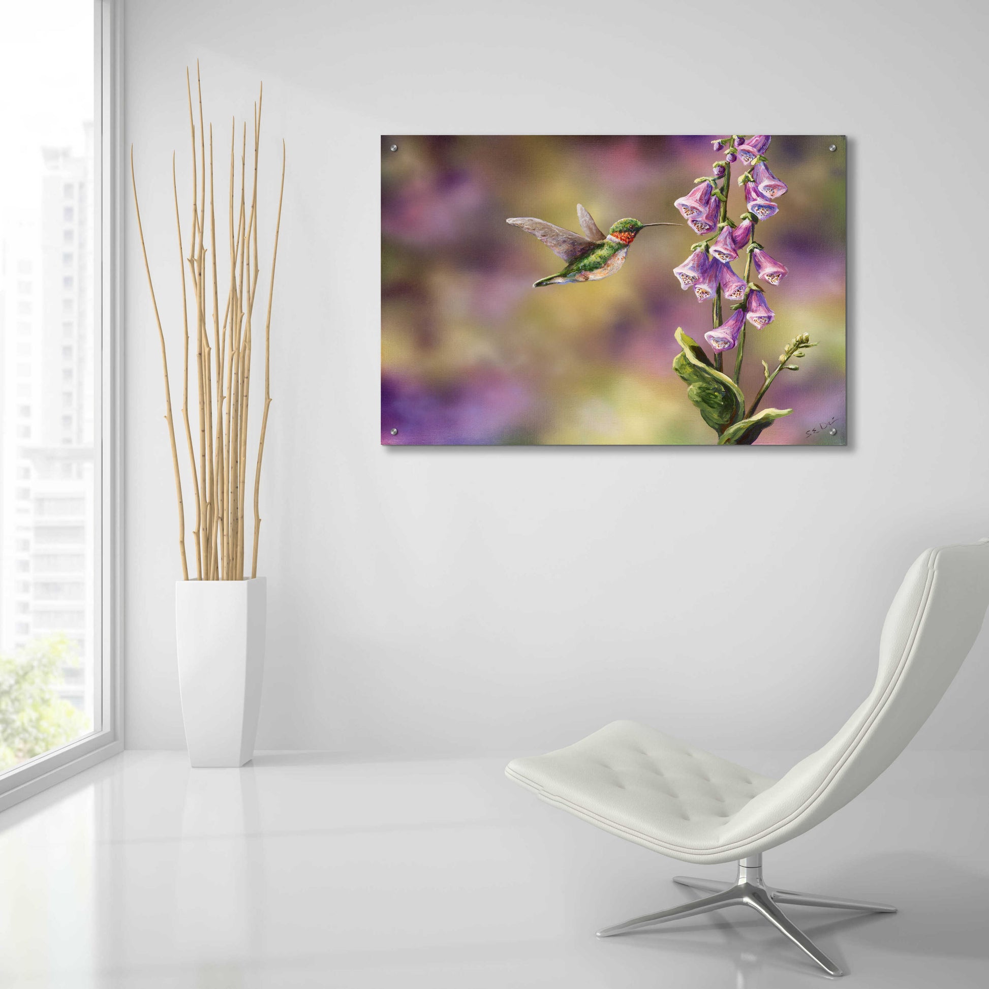 Epic Art 'Spring Hummingbird' by Sarah Davis, Acrylic Glass Wall Art,36x24