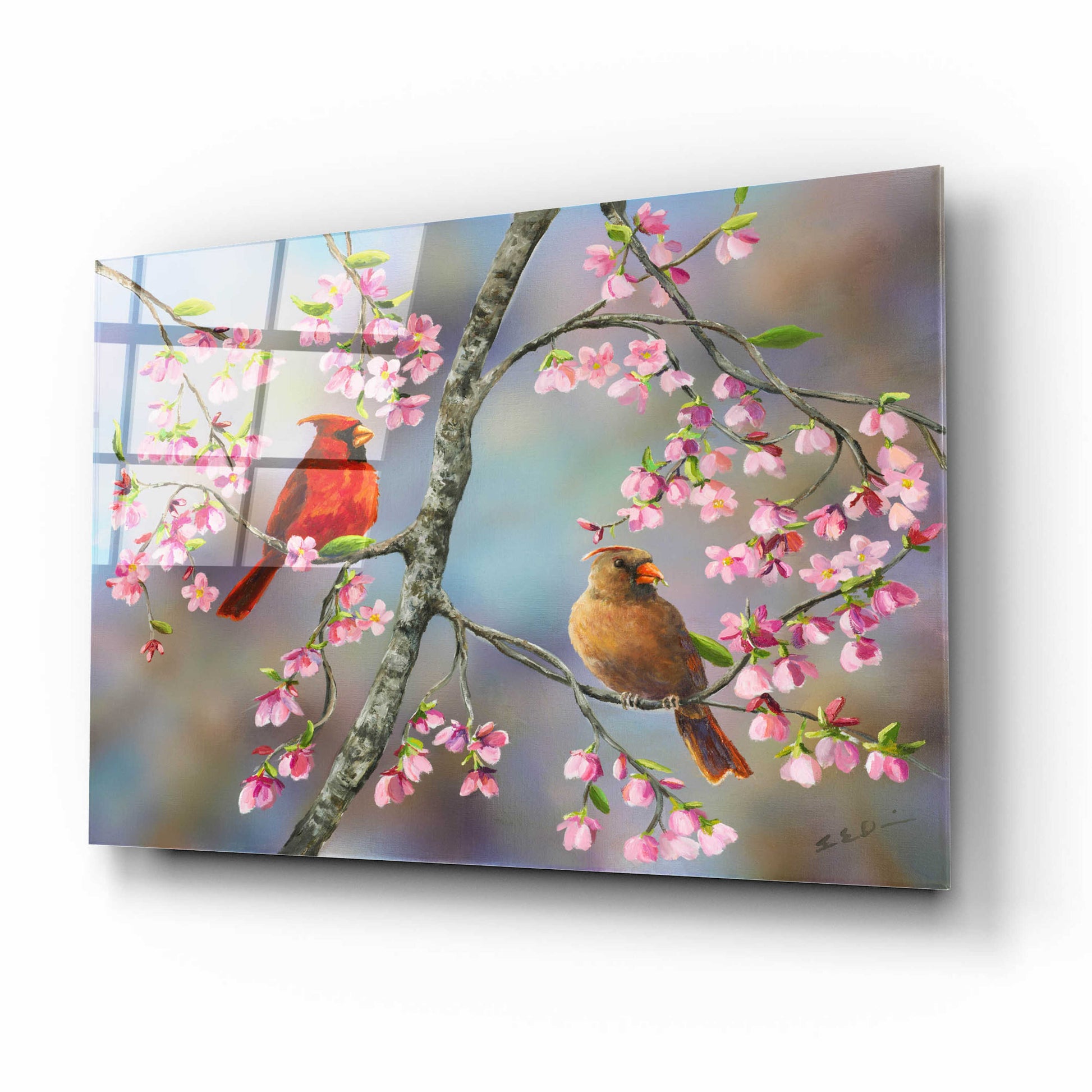 Epic Art 'Spring Cardinals' by Sarah Davis, Acrylic Glass Wall Art,16x12