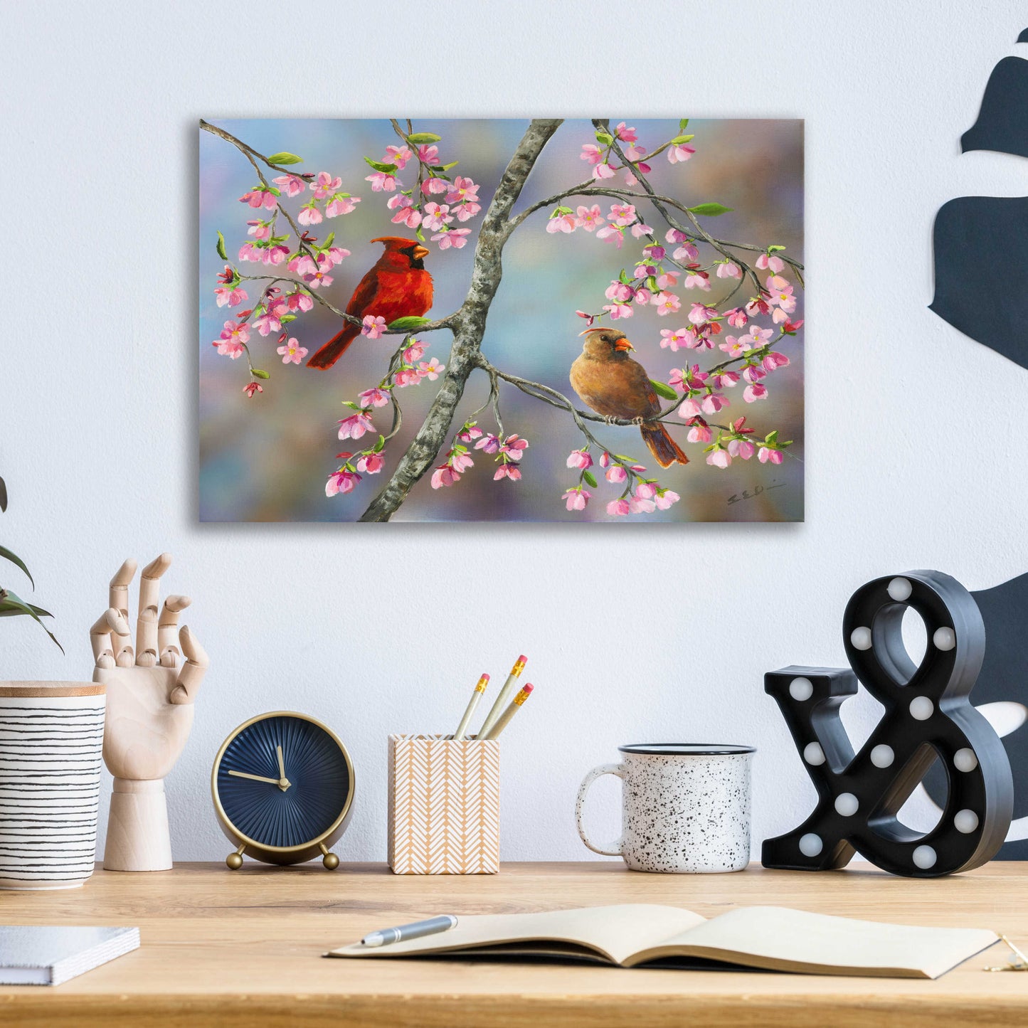 Epic Art 'Spring Cardinals' by Sarah Davis, Acrylic Glass Wall Art,16x12