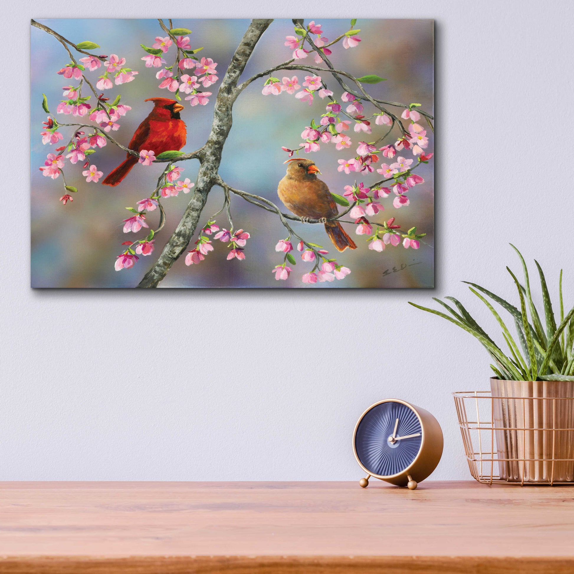 Epic Art 'Spring Cardinals' by Sarah Davis, Acrylic Glass Wall Art,16x12