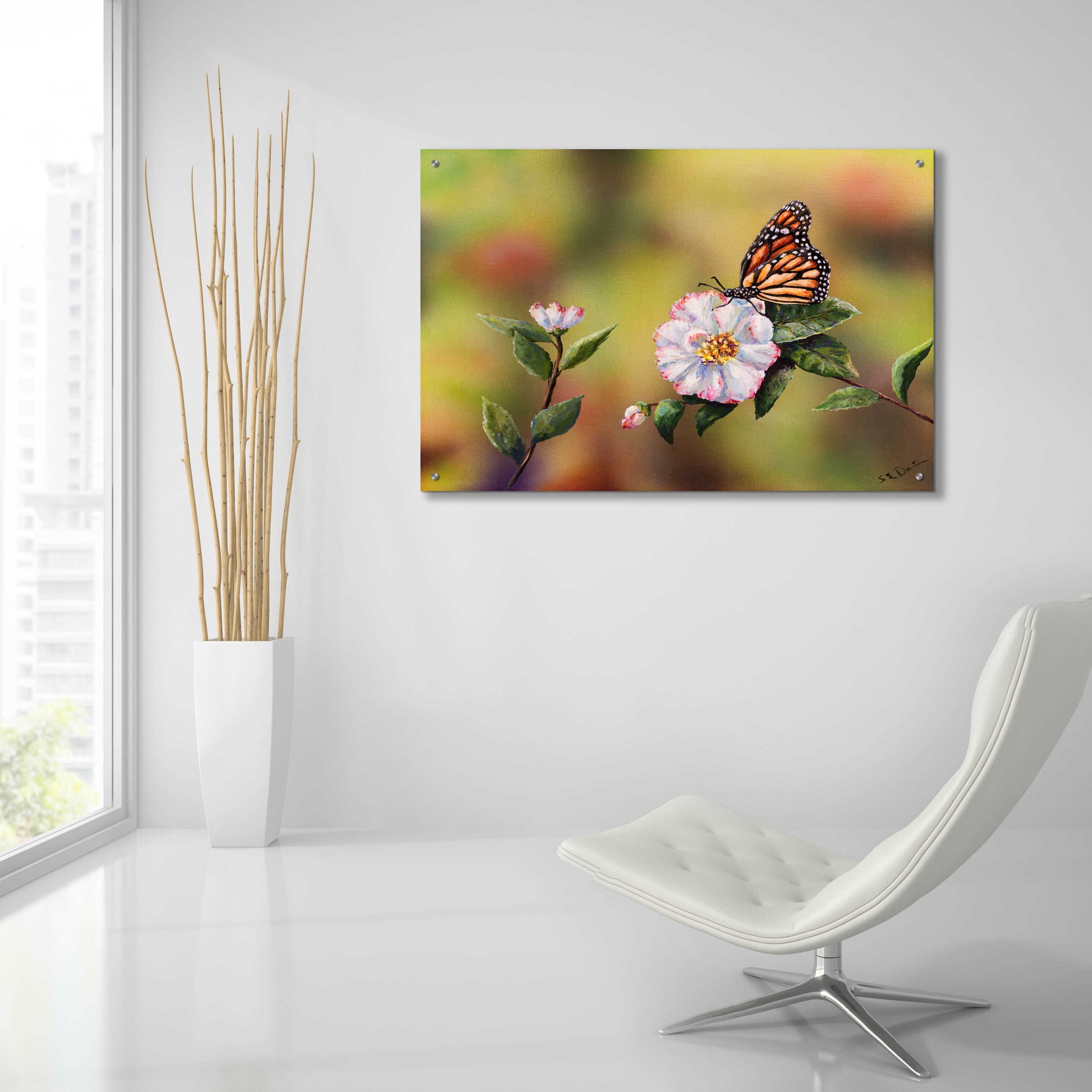 Epic Art 'Monarch With Camellia' by Sarah Davis, Acrylic Glass Wall Art,36x24