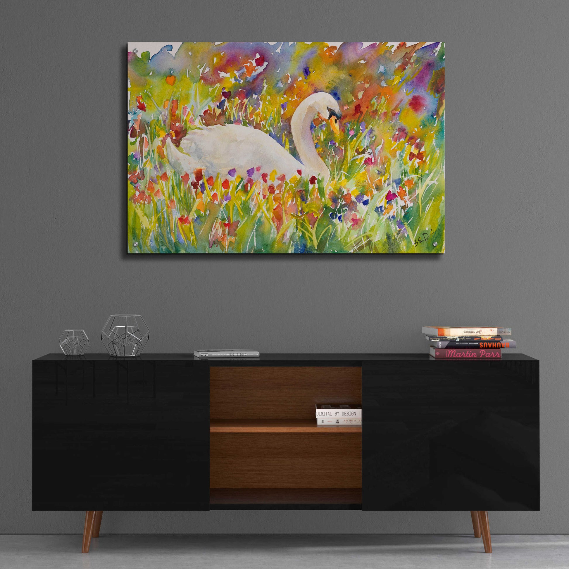 Epic Art 'Colorful Swan' by Sarah Davis, Acrylic Glass Wall Art,36x24