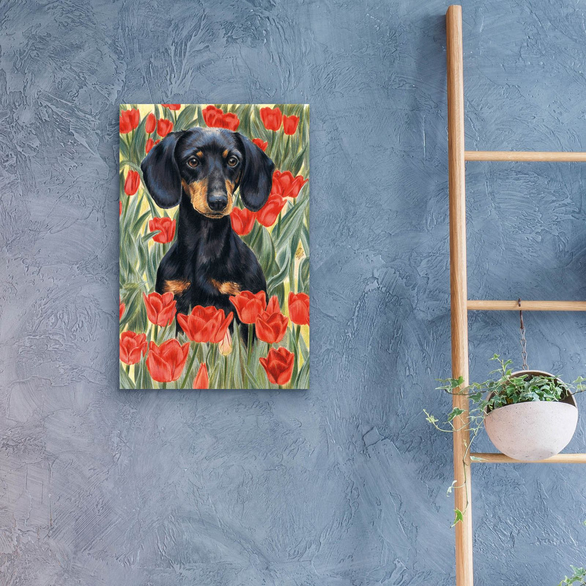 Dachsund In Tulips by Barbara Keith - 16x24 acrylic wall art in a room