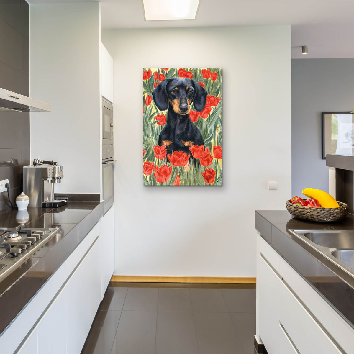Dachsund In Tulips by Barbara Keith - 24x36 acrylic wall art in a room