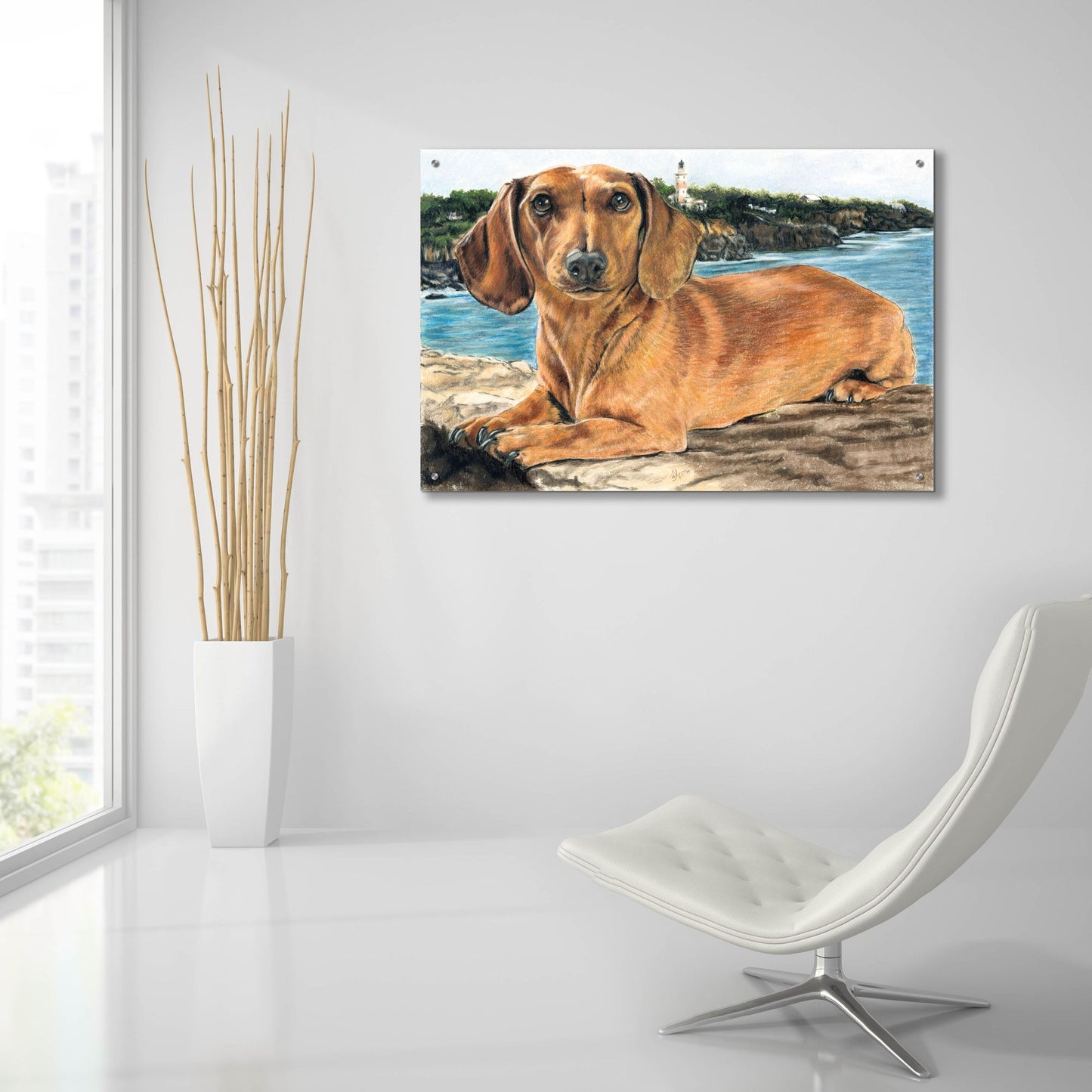 Epic Art 'Dachshund In The Bay' by Barbara Keith, Acrylic Glass Wall Art,36x24