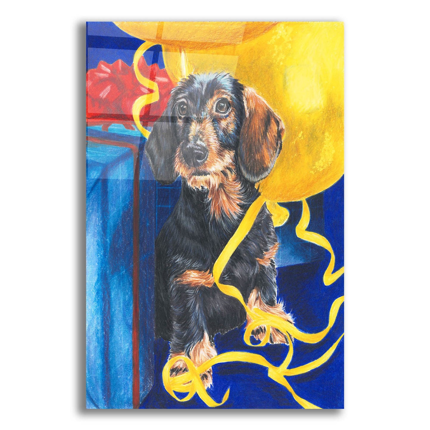 Epic Art 'Dachsund With Yellow Ribbons And Balloons' by Barbara Keith, Acrylic Glass Wall Art,12x16