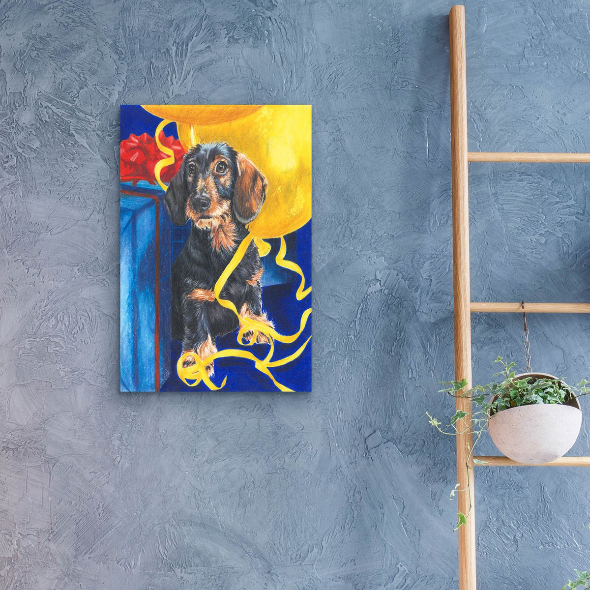 Dachsund With Yellow Ribbons And Balloons by Barbara Keith - 16x24 acrylic wall art in a room