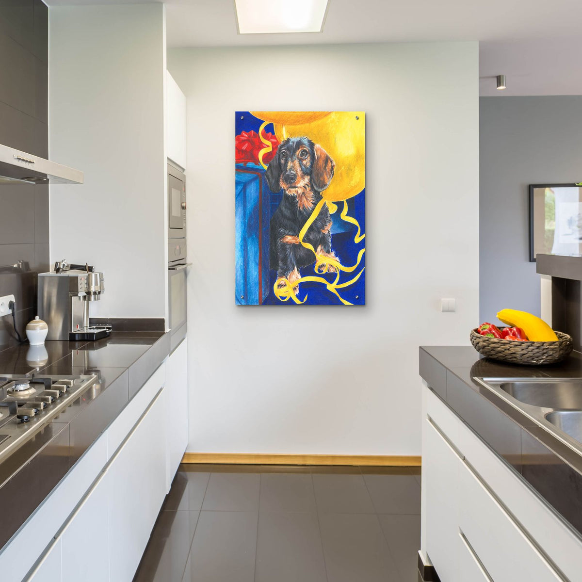 Dachsund With Yellow Ribbons And Balloons by Barbara Keith - 24x36 acrylic wall art in a room