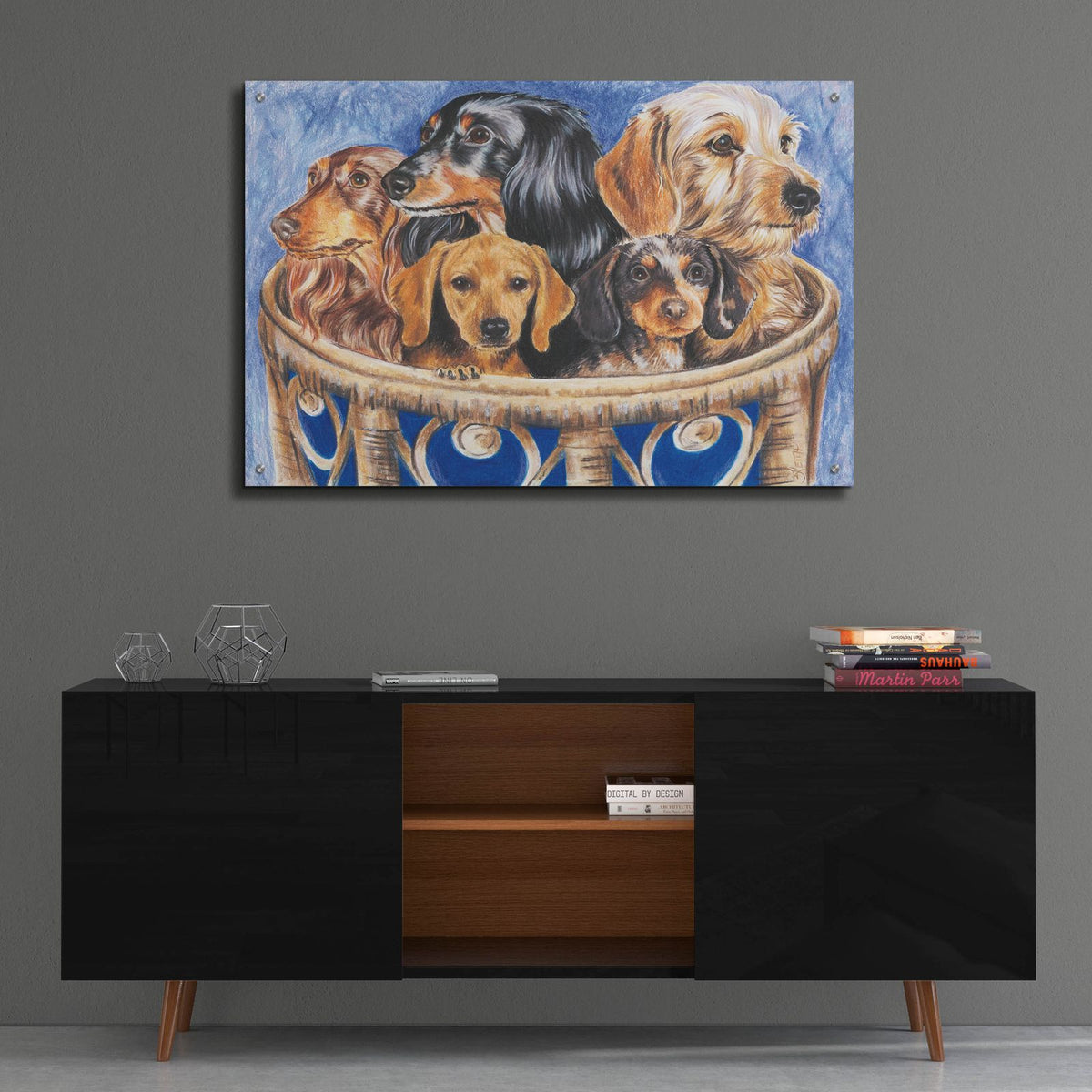 Dachsund In A Basket by Barbara Keith - 36x24 acrylic wall art in a room