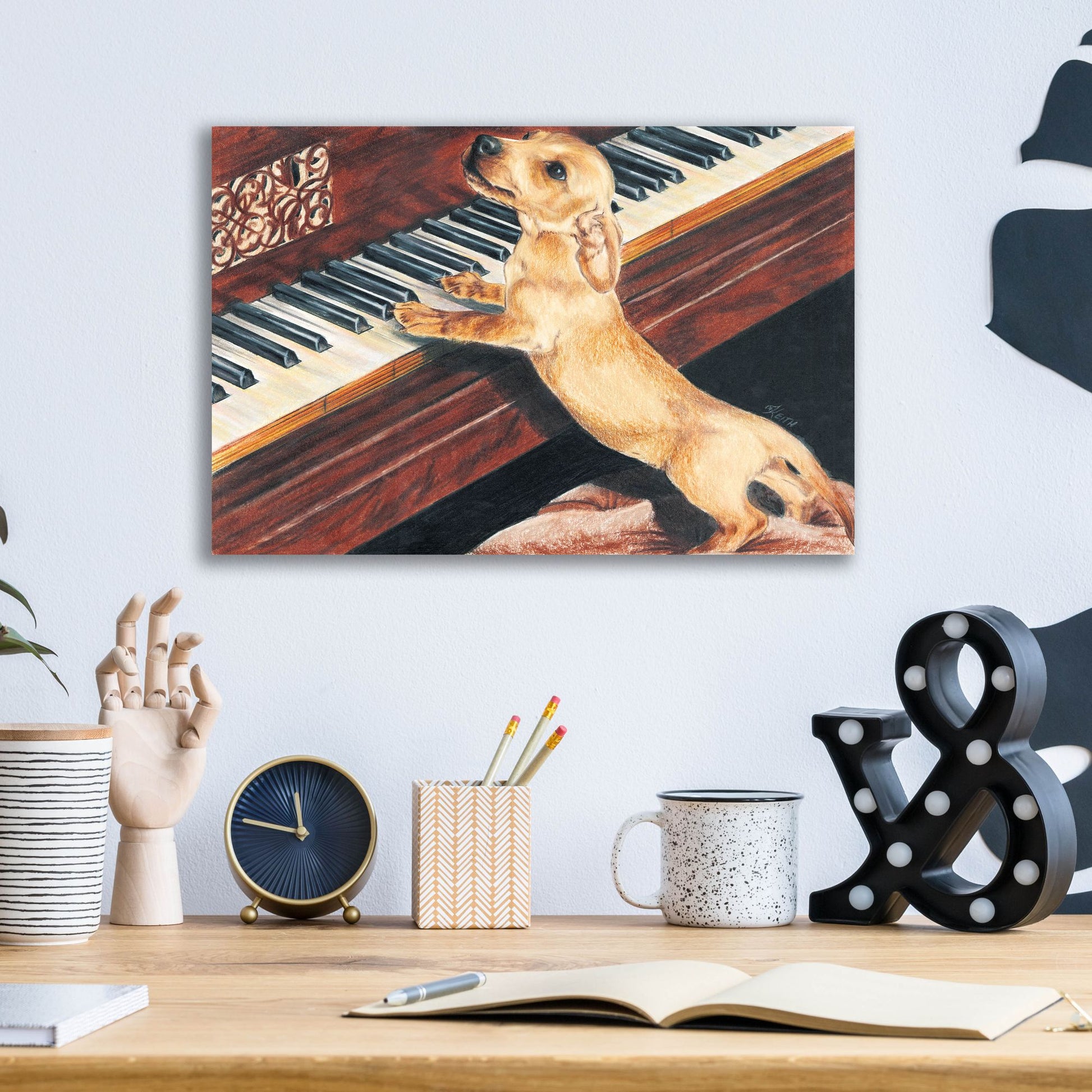 Epic Art 'Dachsund Playing Piano' by Barbara Keith, Acrylic Glass Wall Art,16x12