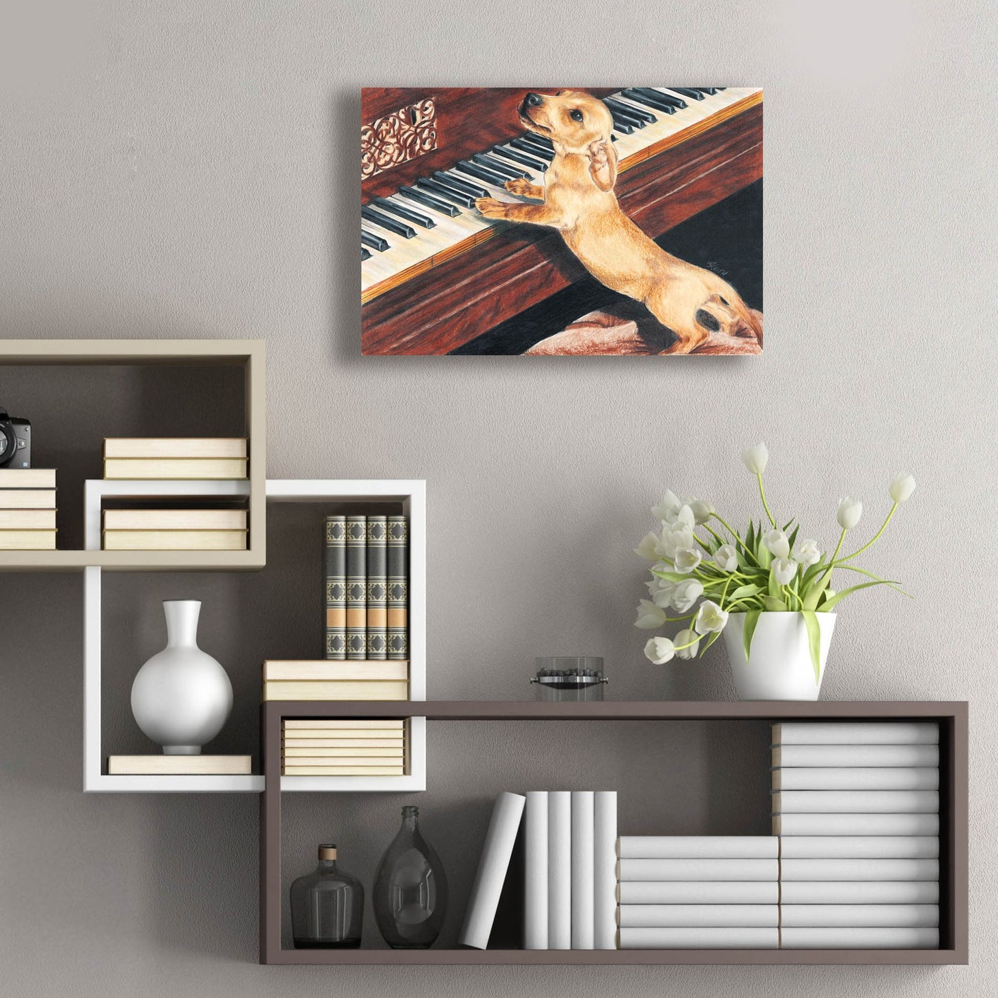 Epic Art 'Dachsund Playing Piano' by Barbara Keith, Acrylic Glass Wall Art,24x16