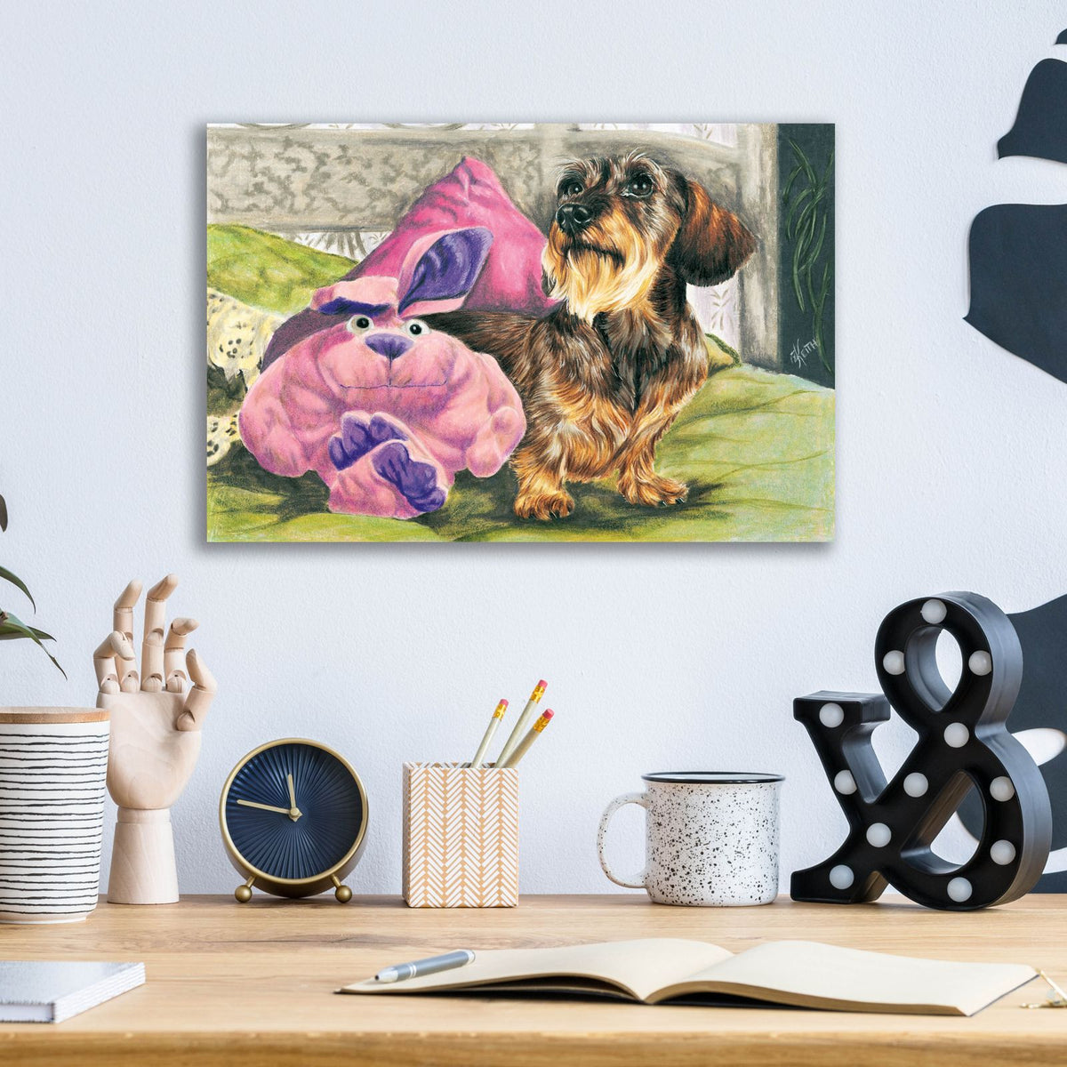 Dachsund With Stuffed Toy by Barbara Keith - 16x12 acrylic wall art in a room